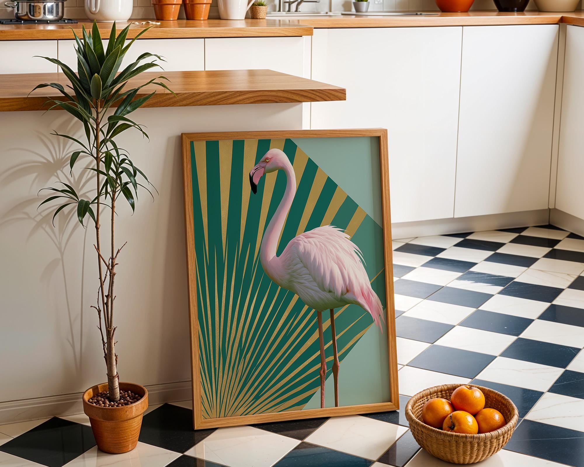 Emerald Gold Pink Tropical Art Deco Flamingo Wall Art by The Wall Art Studio