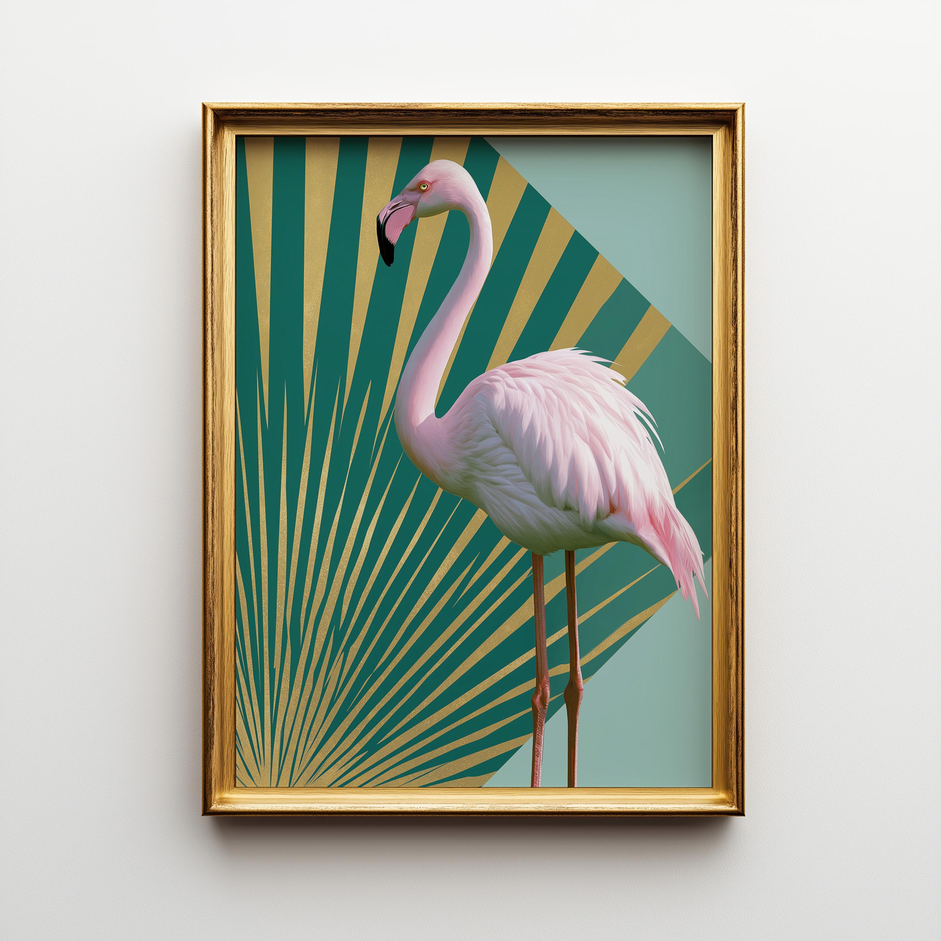 Emerald Gold Pink Tropical Art Deco Flamingo Wall Art by The Wall Art Studio