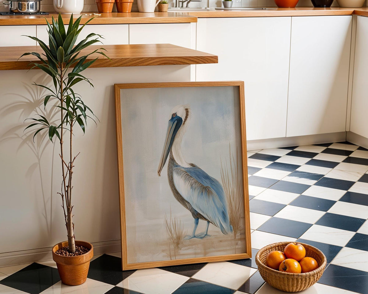 Neutral Pelican Coastal Bird Painting Soft Blue Seaside Wall Art