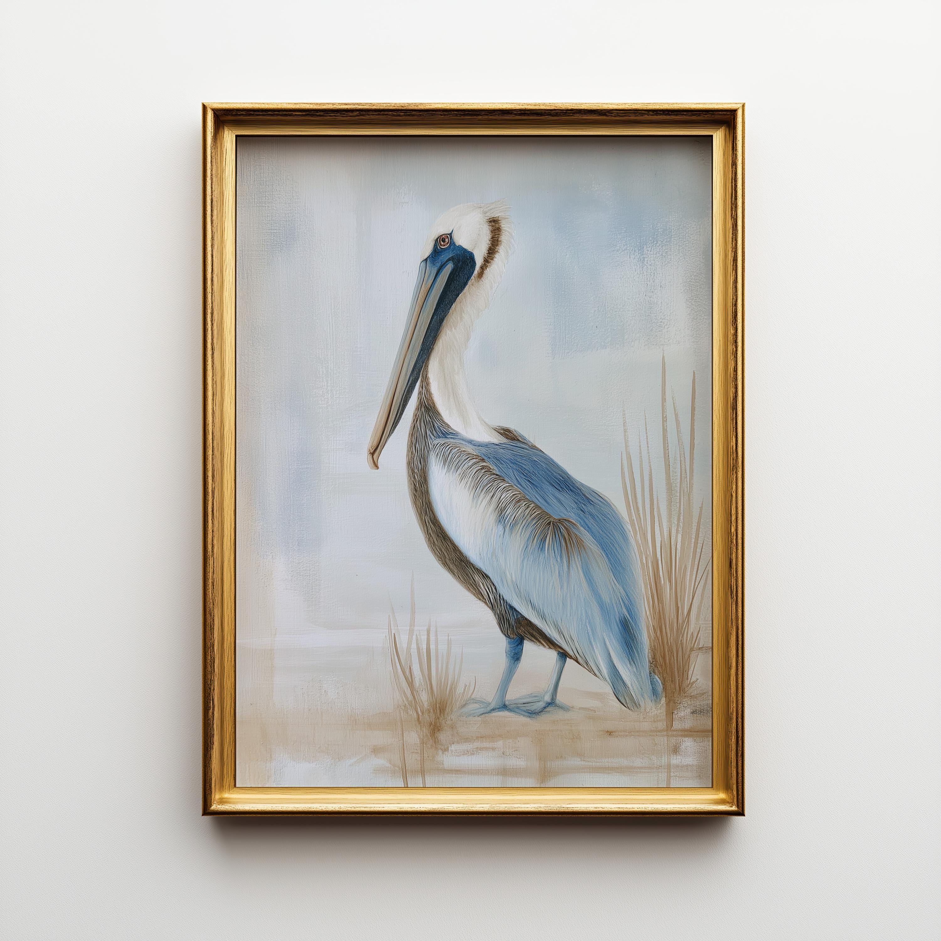 Neutral Pelican Coastal Bird Painting Soft Blue Seaside Wall Art