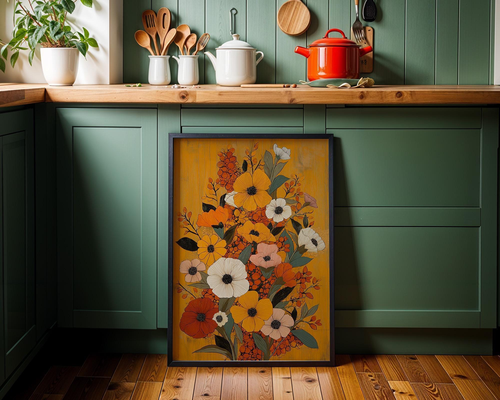 Mustard Yellow Floral Retro Botanical Autumn Wildflower Mid Century Modern Wall Art