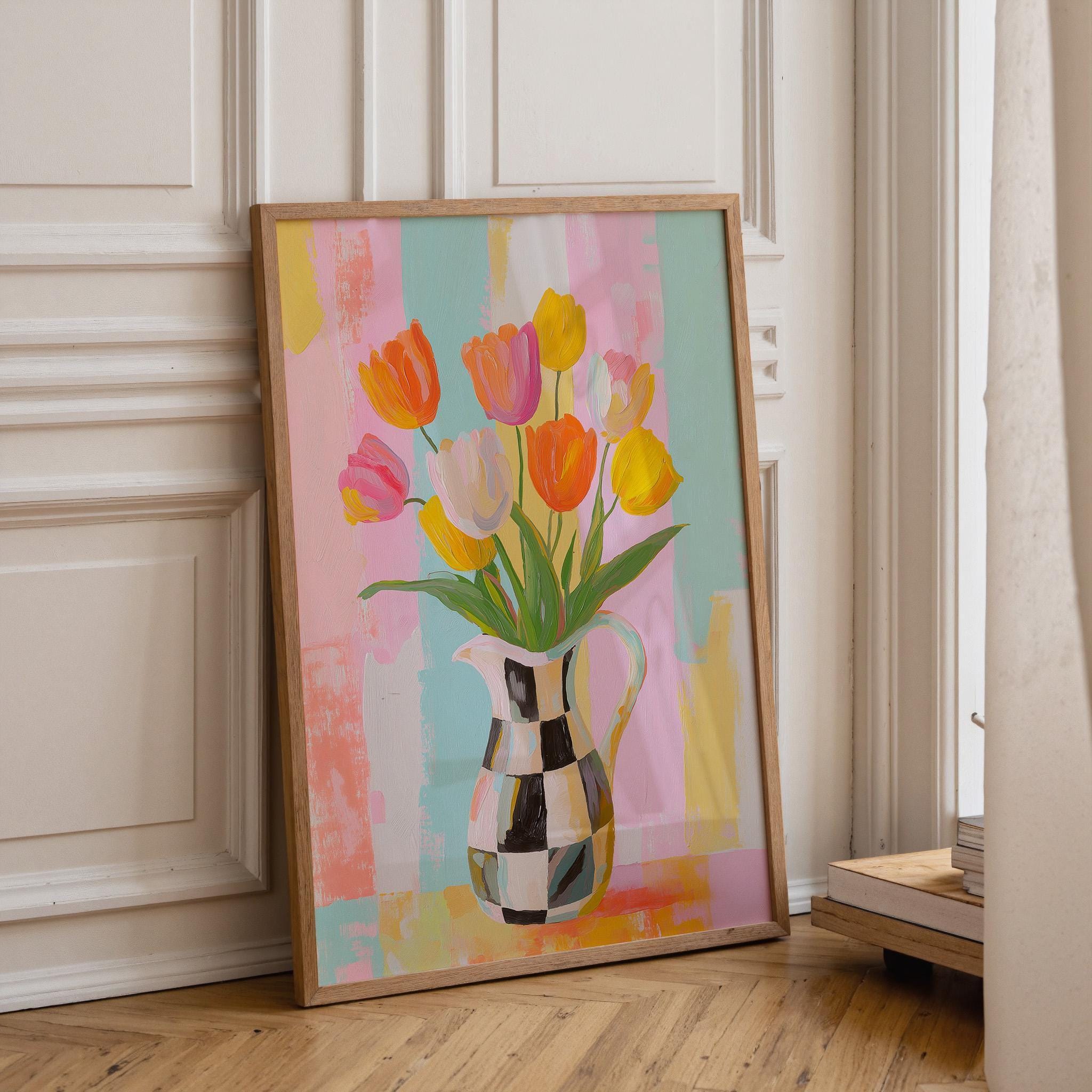 Pastel Tulip Vase Checkered Modern Floral Wall Art
