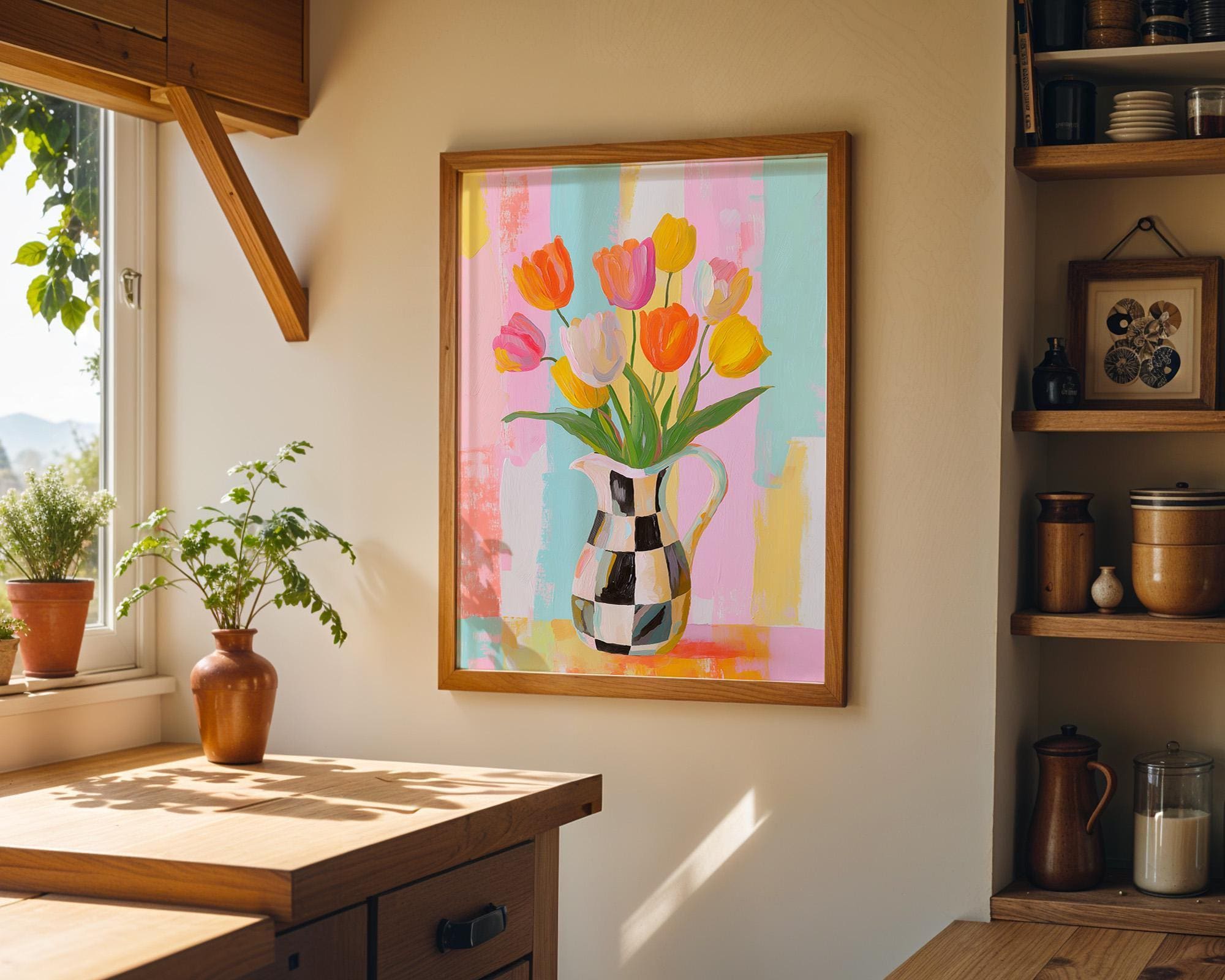 Pastel Tulip Vase Checkered Modern Floral Wall Art