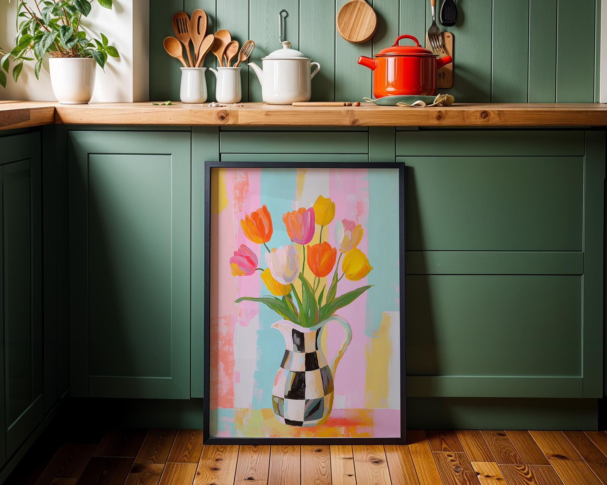 Pastel Tulip Vase Checkered Modern Floral Wall Art