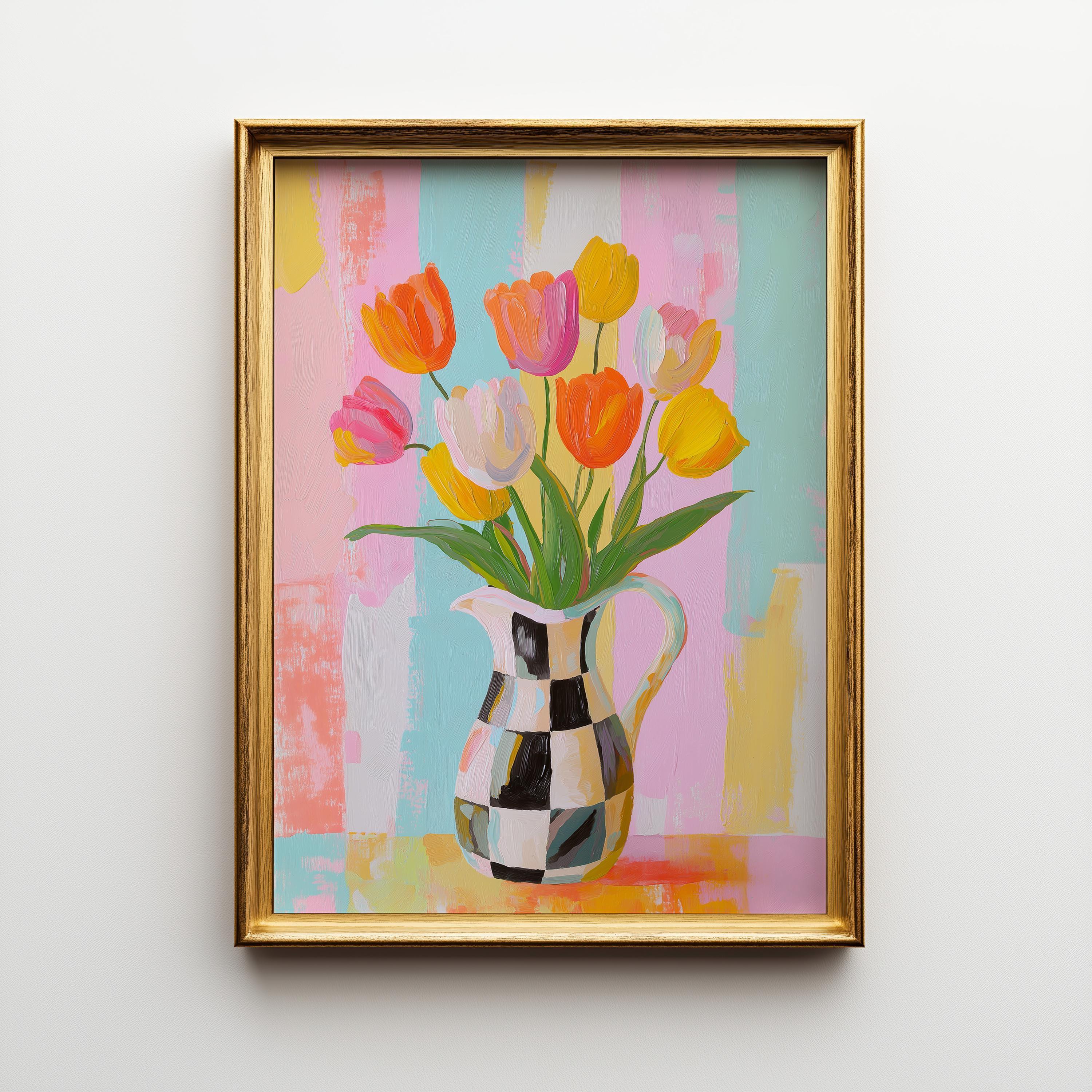 Pastel Tulip Vase Checkered Modern Floral Wall Art