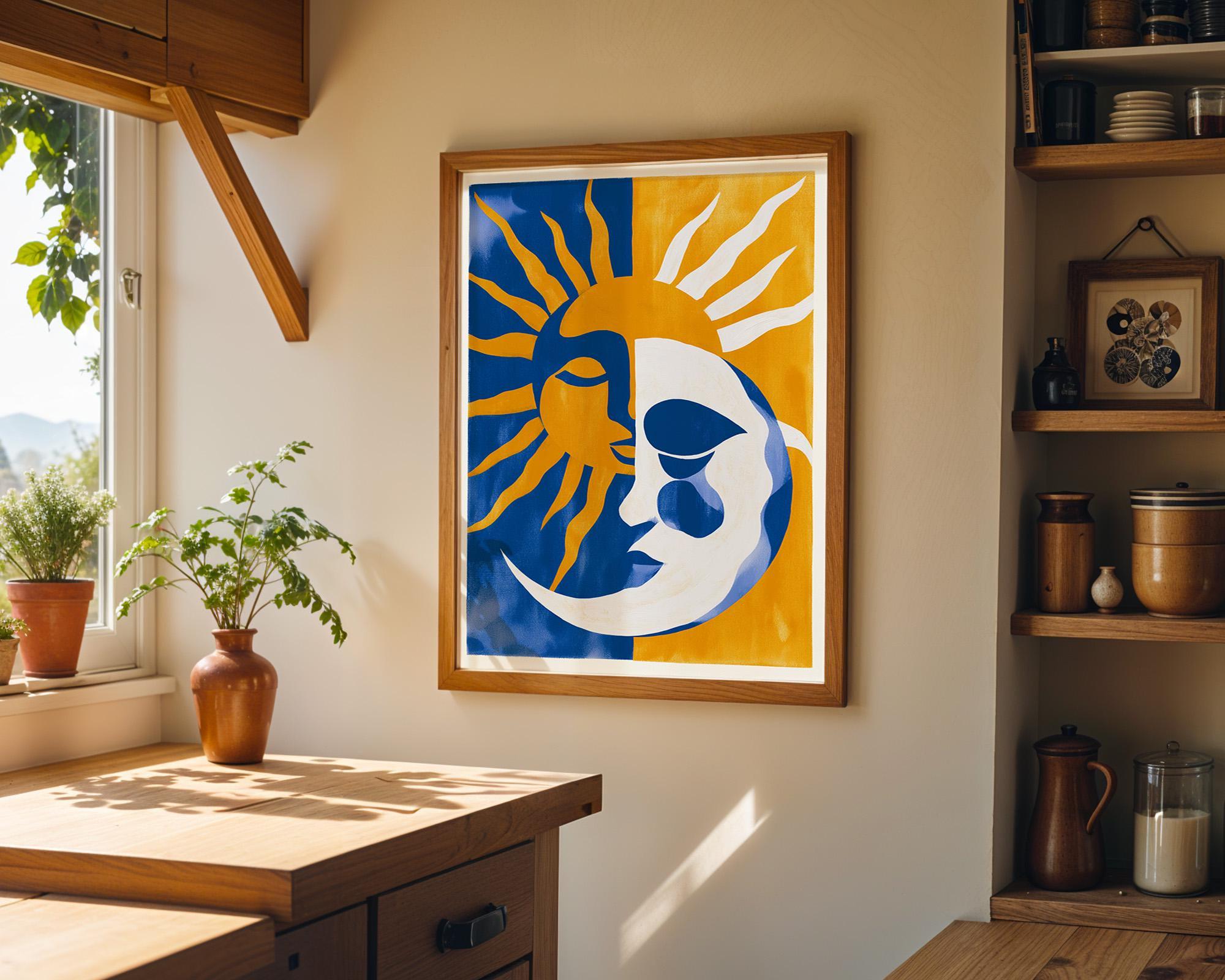 Sun Moon Celestial Blue & Yellow Boho Mediterranean Coastal Wall Art by The Wall Art Studio
