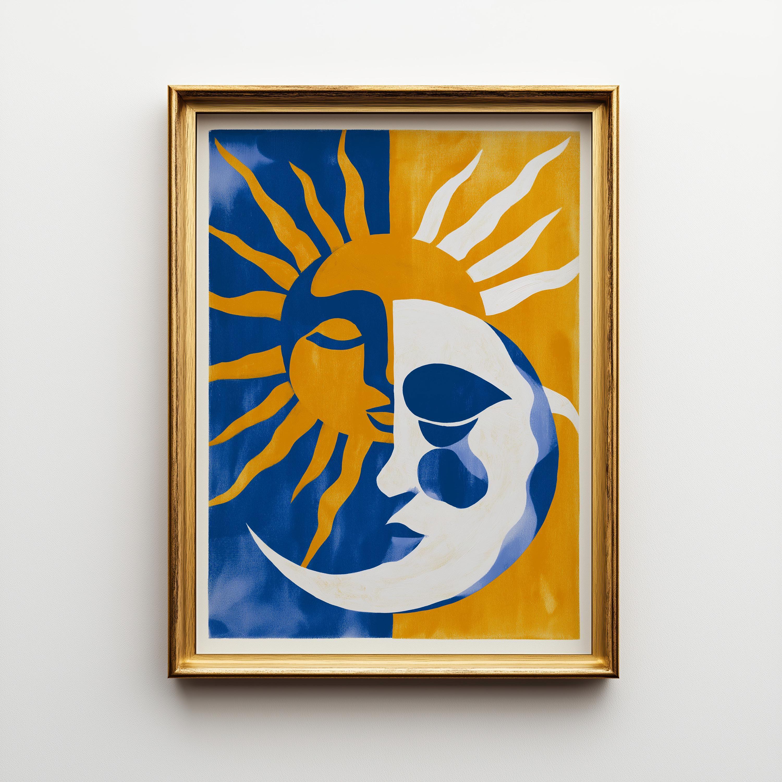 Sun Moon Celestial Blue & Yellow Boho Mediterranean Coastal Wall Art by The Wall Art Studio