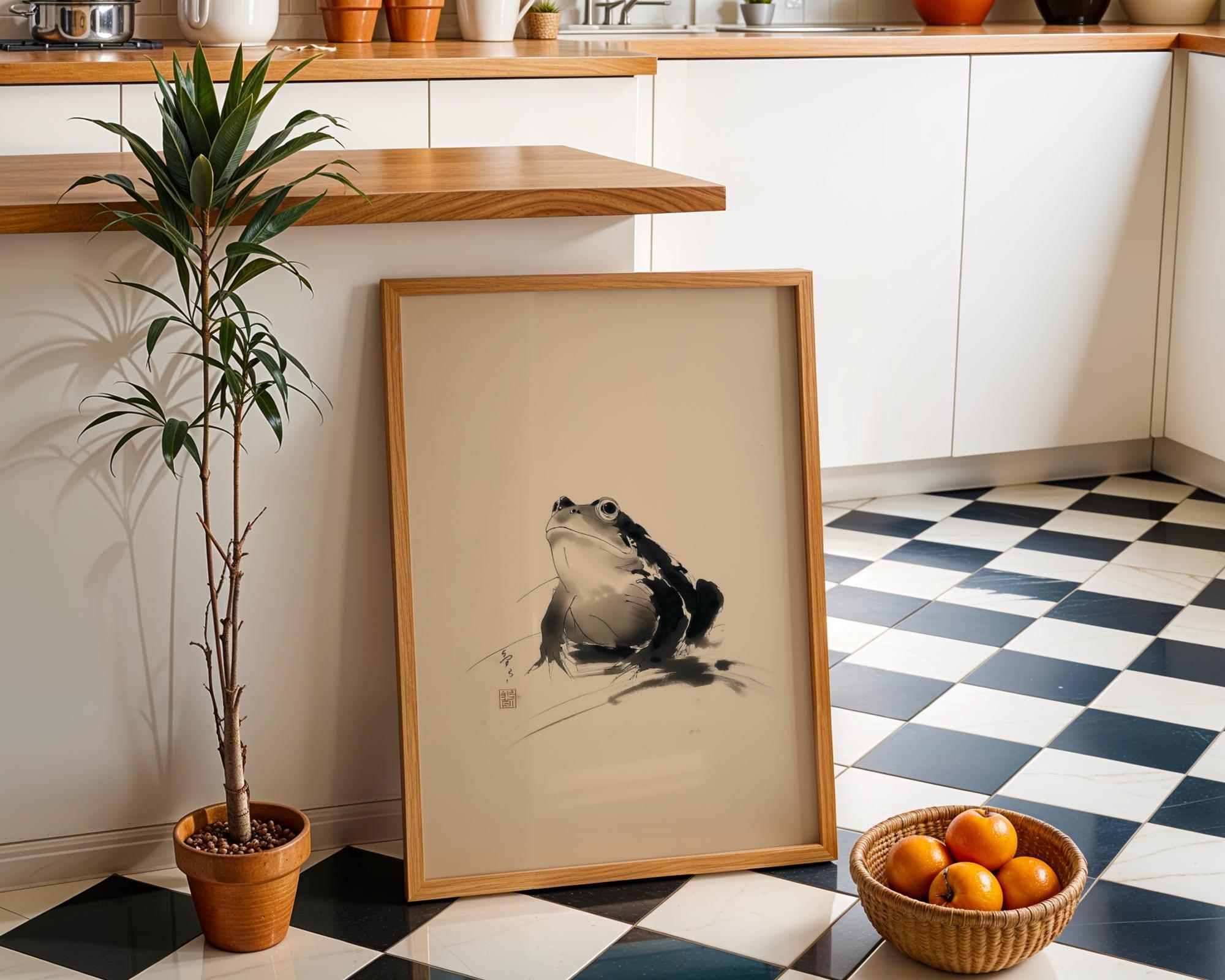 Japanese Sumi-e Art Black and White Wabi-Sabi Frog Wall Art by The Wall Art Studio