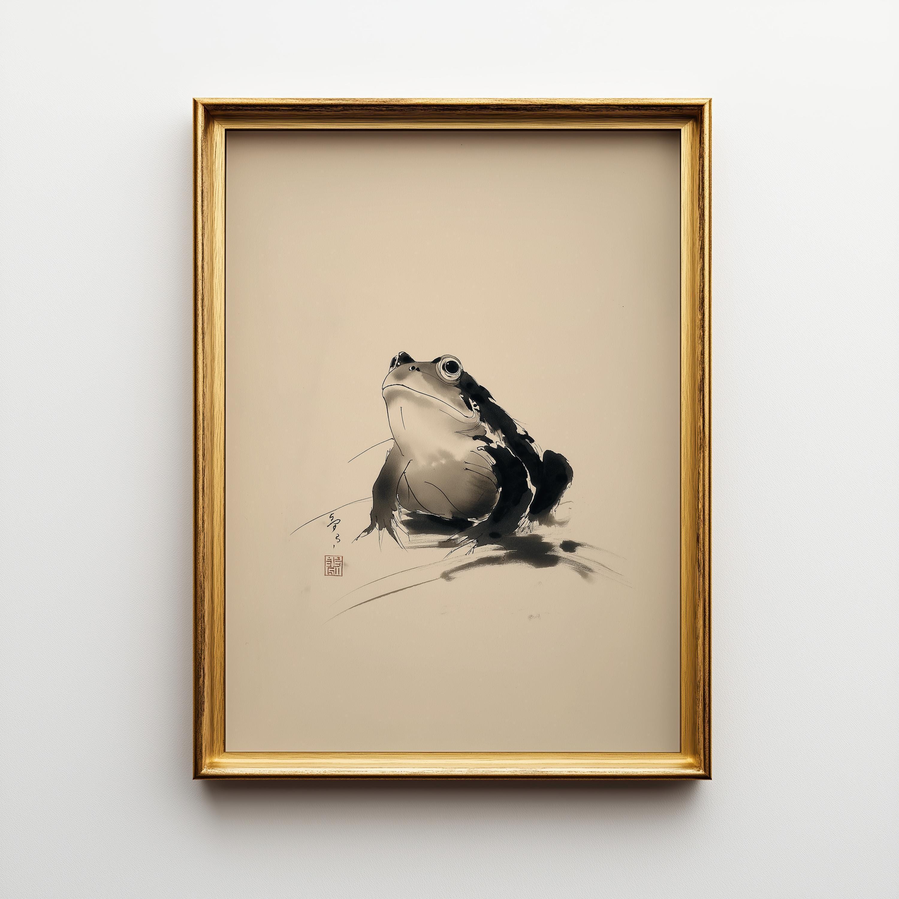 Japanese Sumi-e Art Black and White Wabi-Sabi Frog Wall Art by The Wall Art Studio