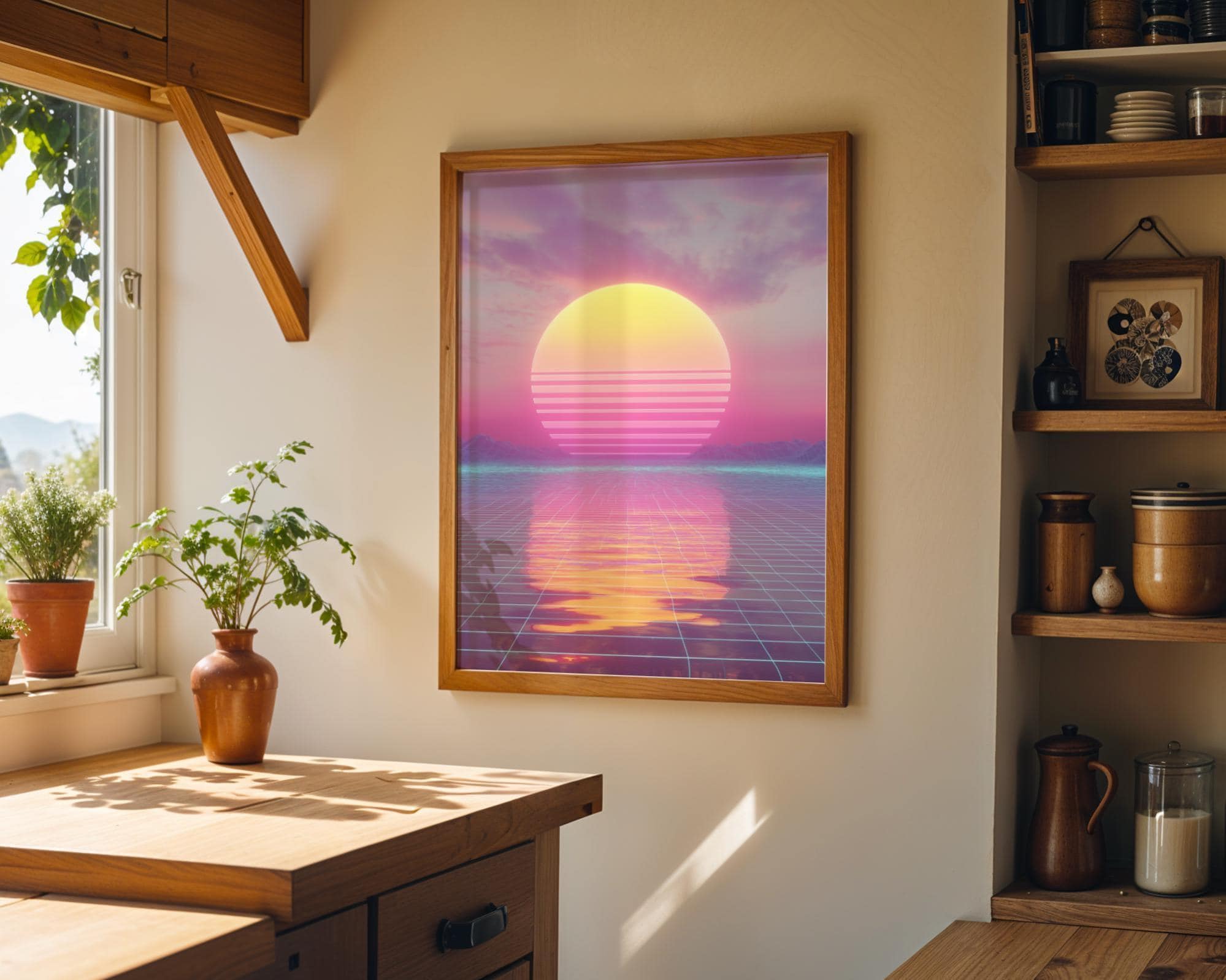 Retro Futuristic 80s Synthwave Sunset Wall Art by The Wall Art Studio