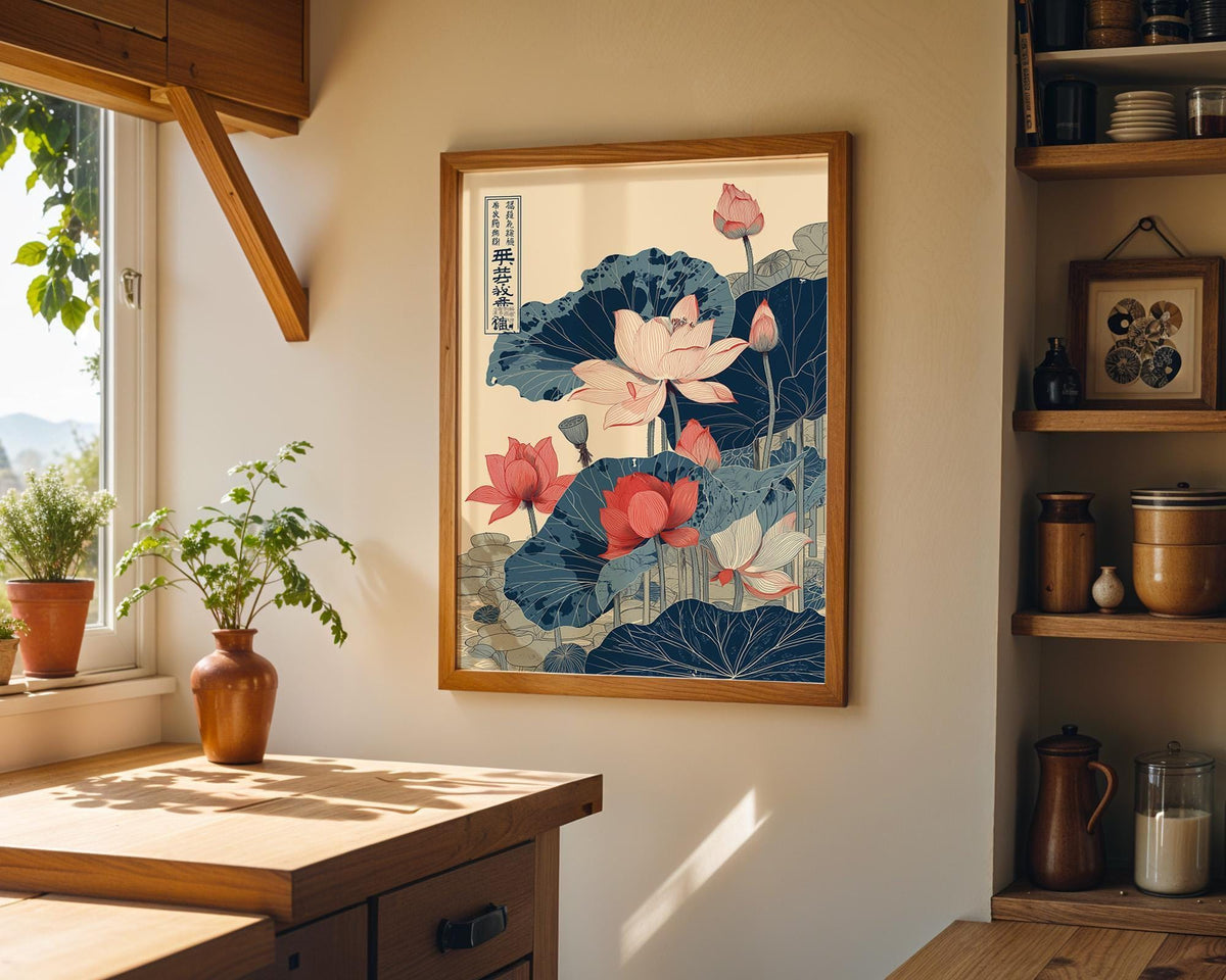 Japanese Lotus Vintage Botanical Red & Blue Floral Asian Zen Wabi Sabi Wall Art