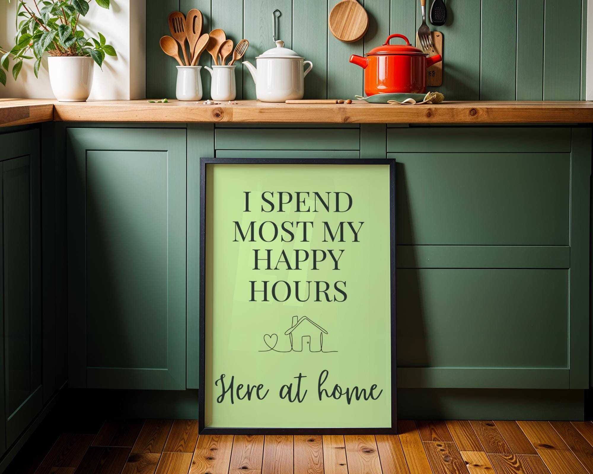Lime Green Quote Wall Art "I Spend Most My Happy Hours Here at Home" by The Wall Art Studio