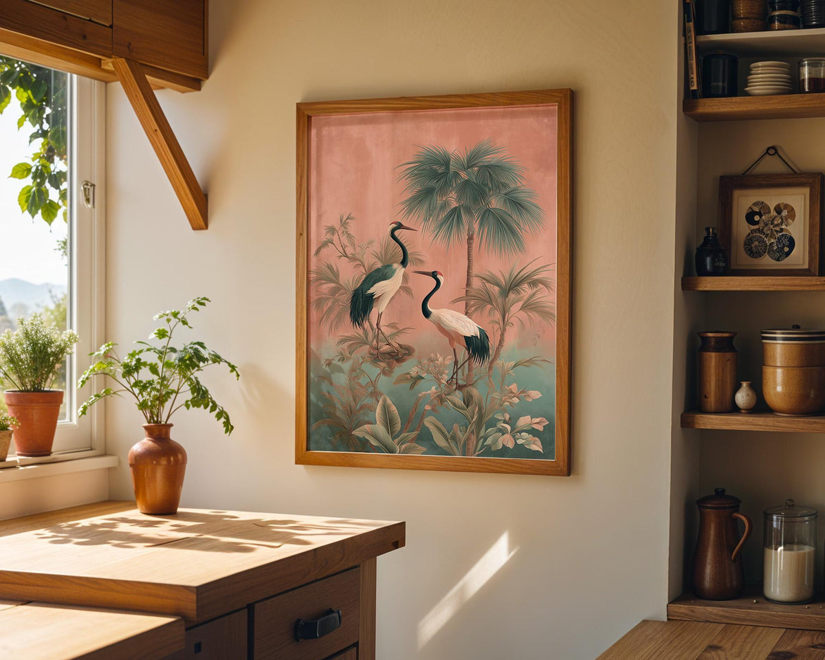 Chinoiserie Crane Tropical Palm Botanical Vintage Asian Bird Wall Art