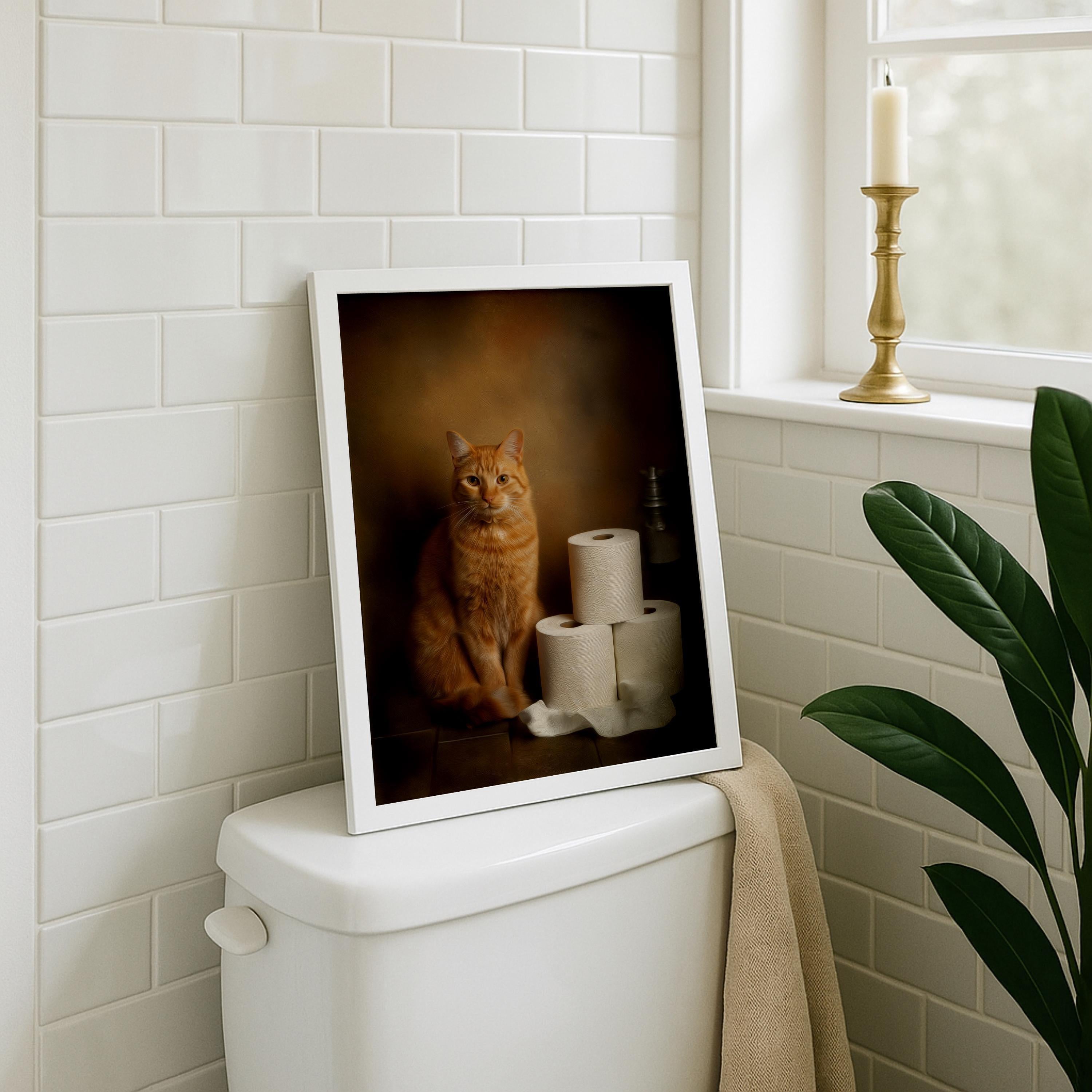 Funny Bathroom Ginger Cat on Toilet Wall Art by The Wall Art Studio
