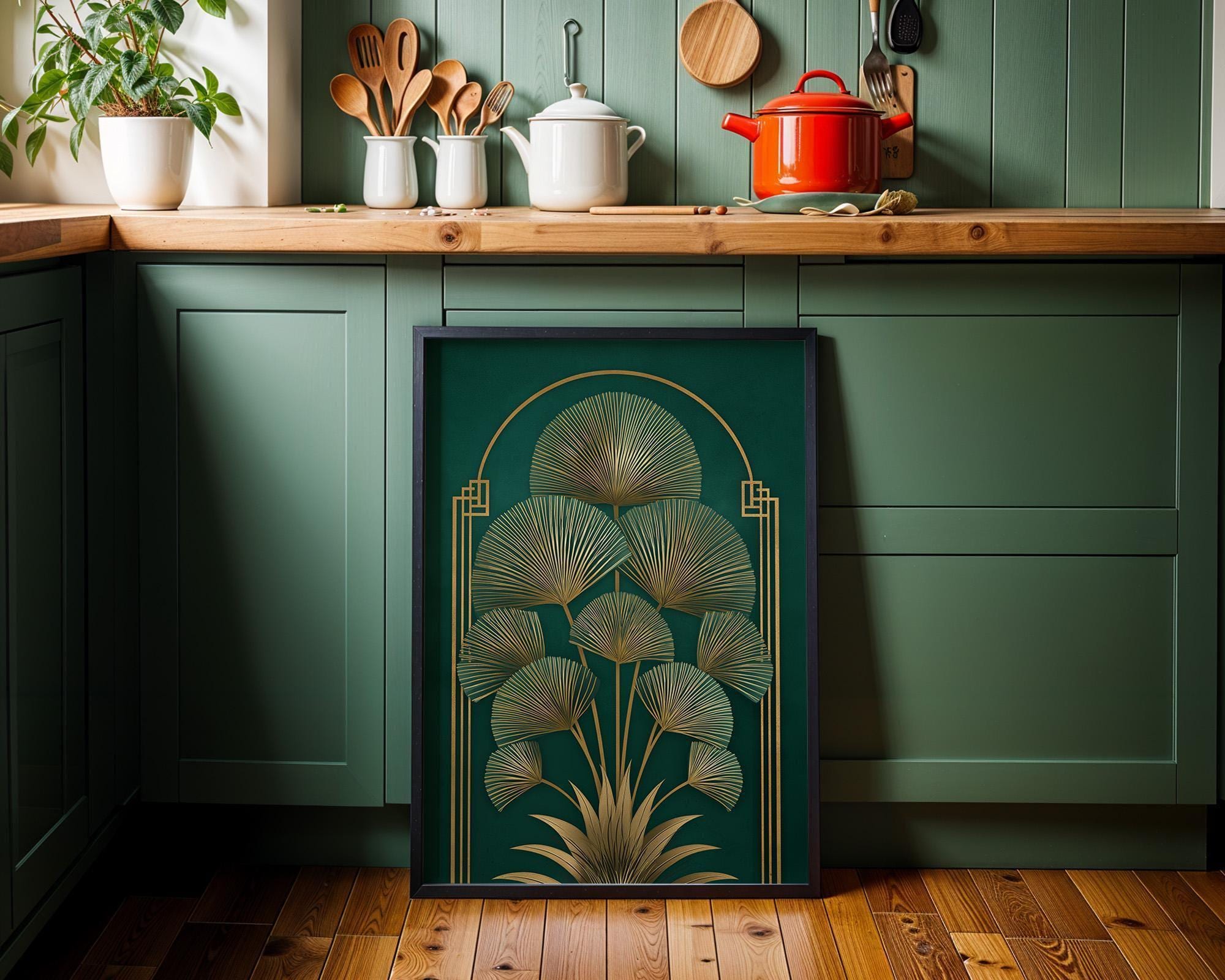 Art Deco Botanical Green & Gold Elegant Leaf Wall Art by The Wall Art Studio