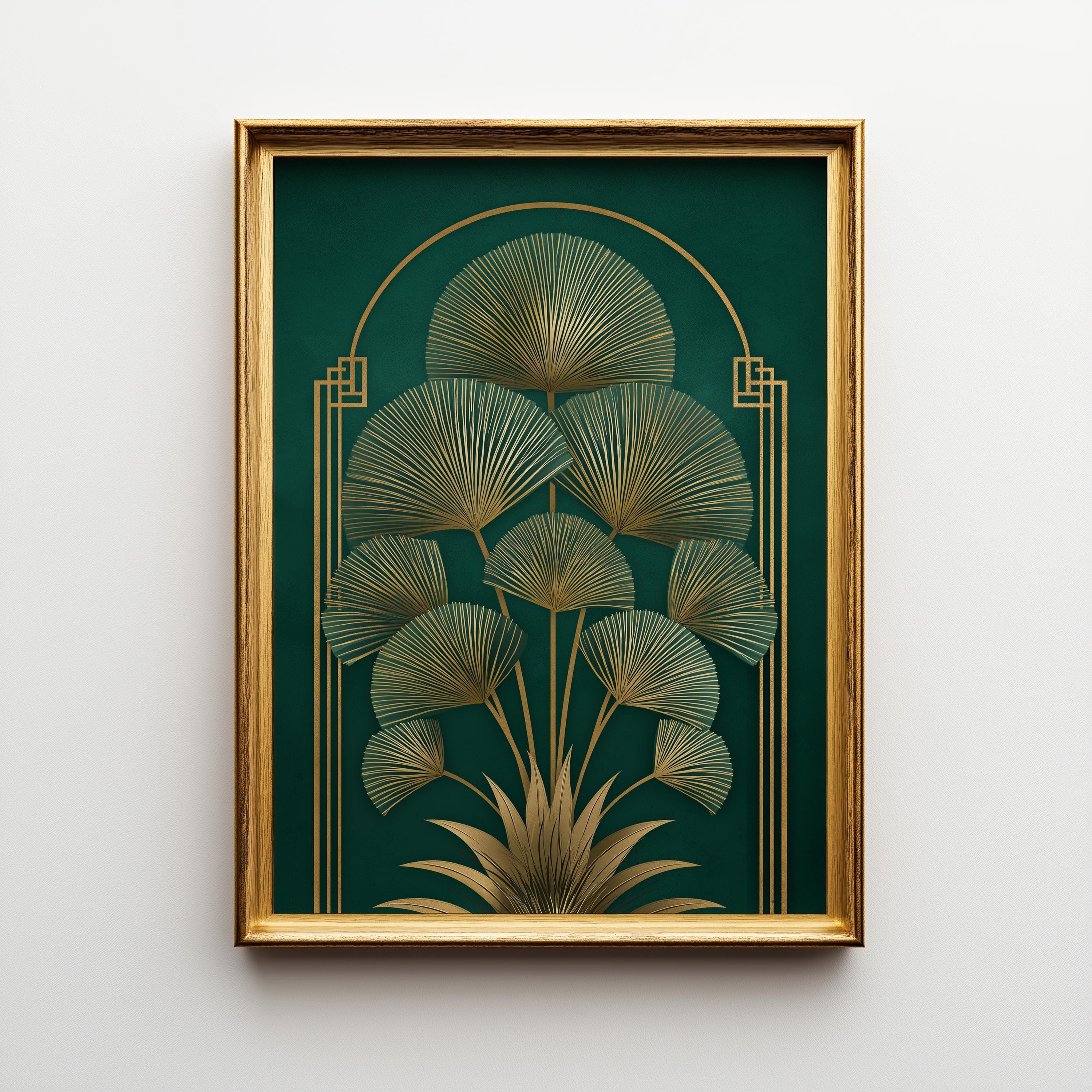 Art Deco Botanical Green & Gold Elegant Leaf Wall Art by The Wall Art Studio