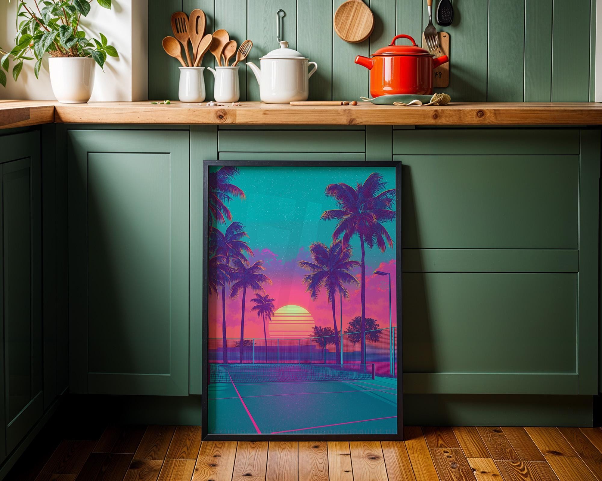 Retro Tennis Court Wall Art Synthwave Tennis Wall Art by The Wall Art Studio