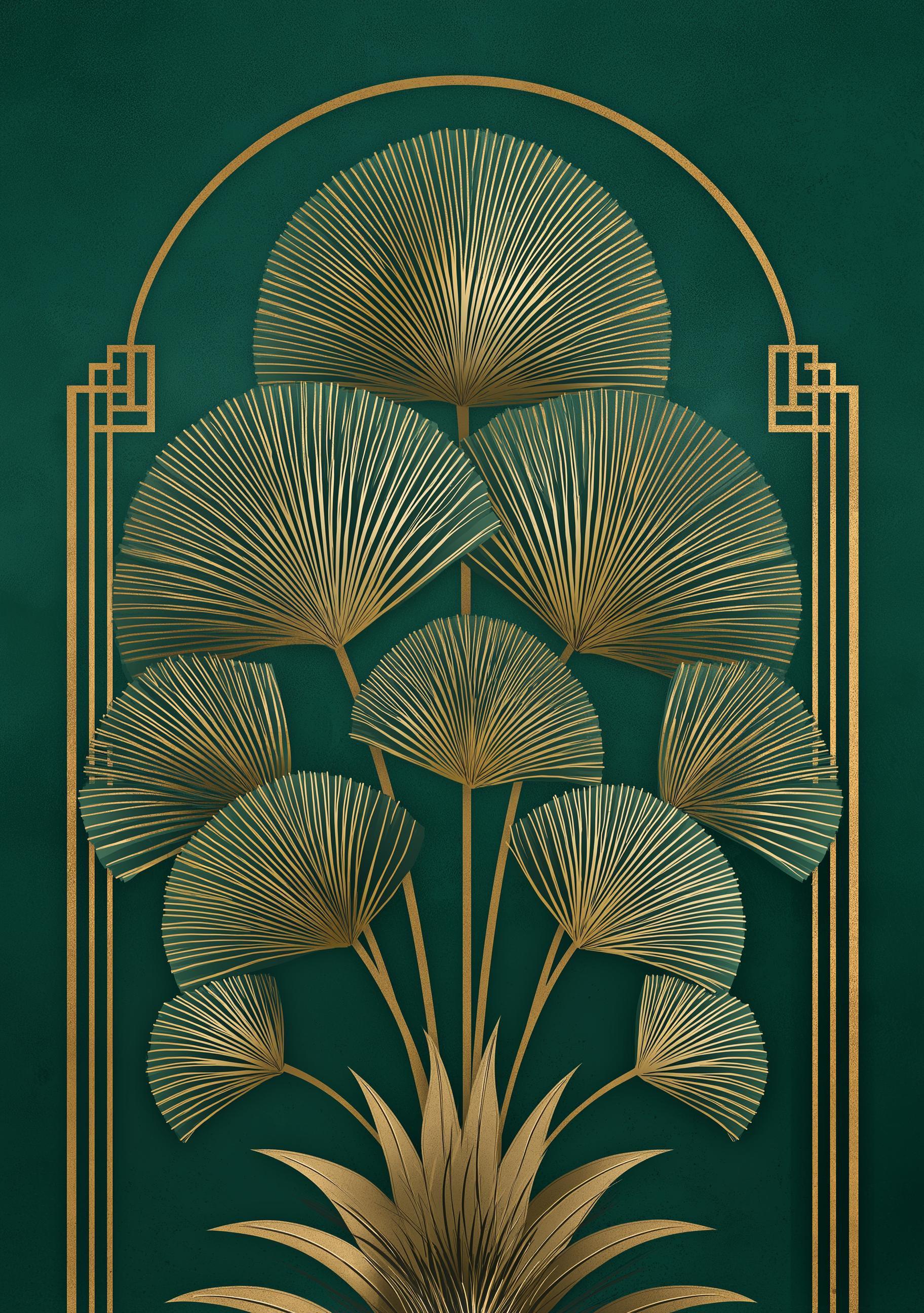 Art Deco Botanical Green & Gold Elegant Leaf Wall Art by The Wall Art Studio