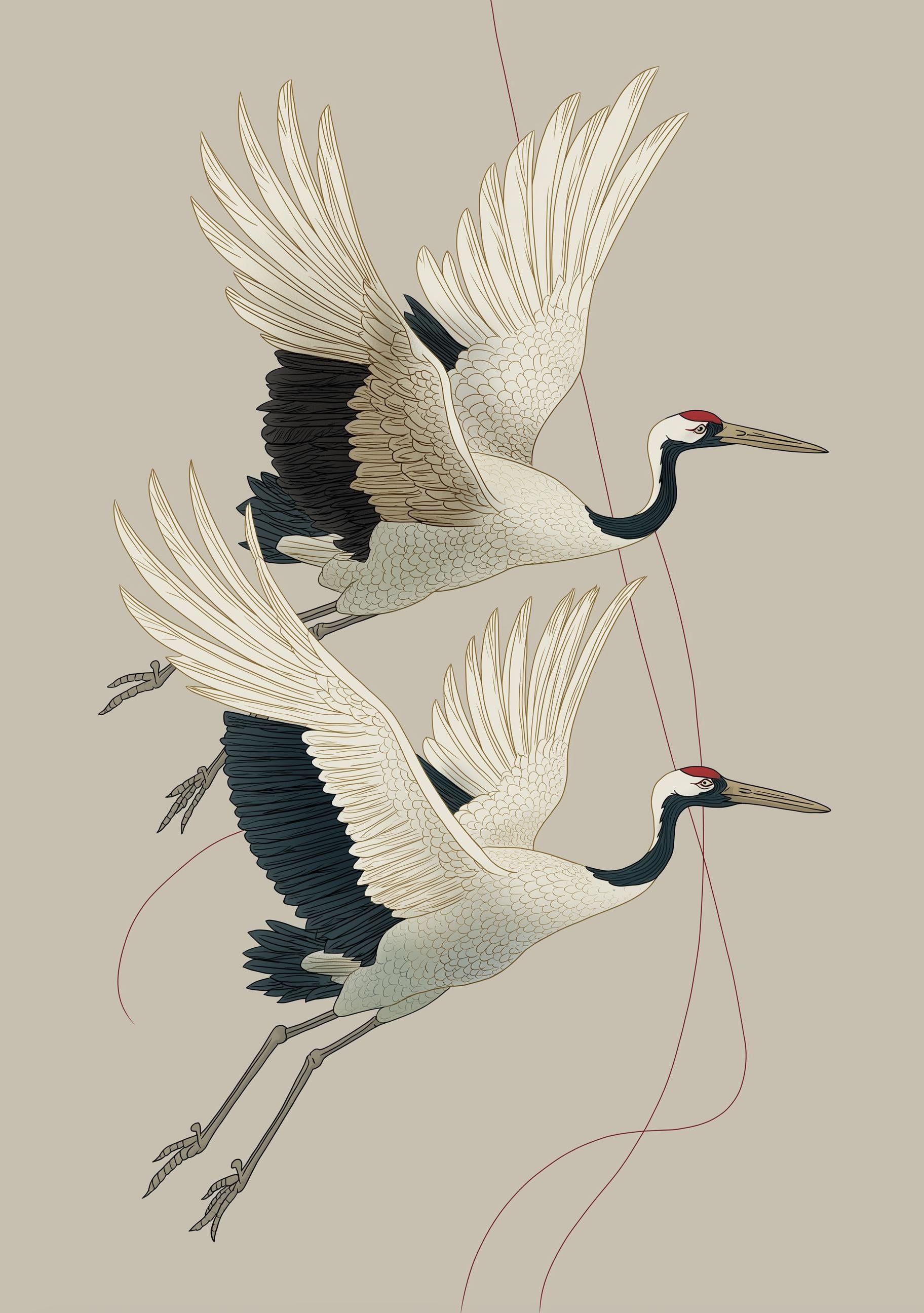 Japanese Crane Ukiyo-e Inspired Bird Wall Art by The Wall Art Studio