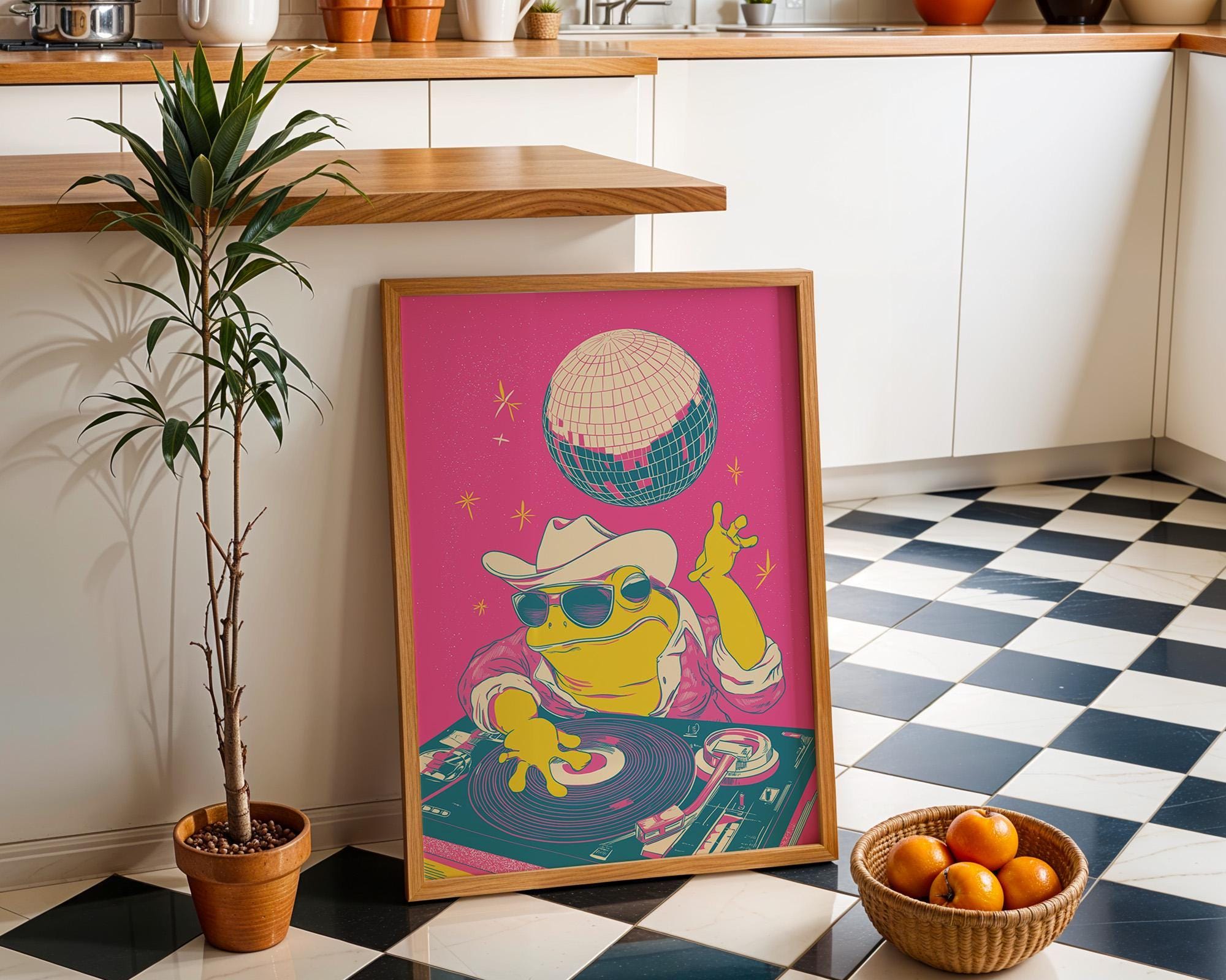 Frog DJ Disco Retro Animal Pink Maximalist Wall Art by The Wall Art Studio - physical