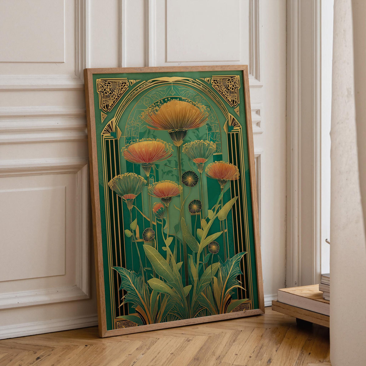 Green and Gold Botanical Print Art Nouveau Floral Wall Art by The Wall Art Studio - physical