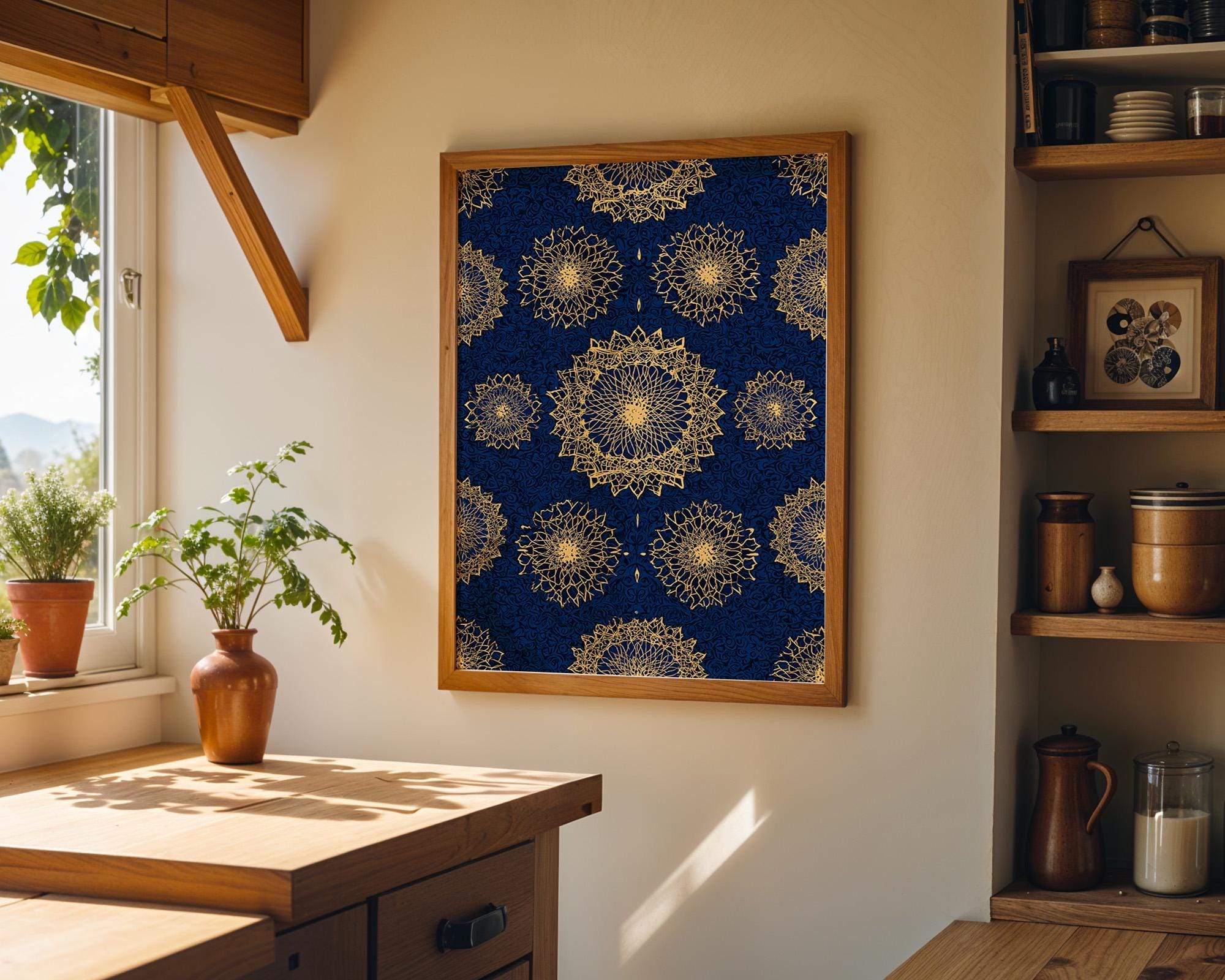Islamic Geometric Pattern Blue & Gold Moroccan Tile Wall Art by The Wall Art Studio