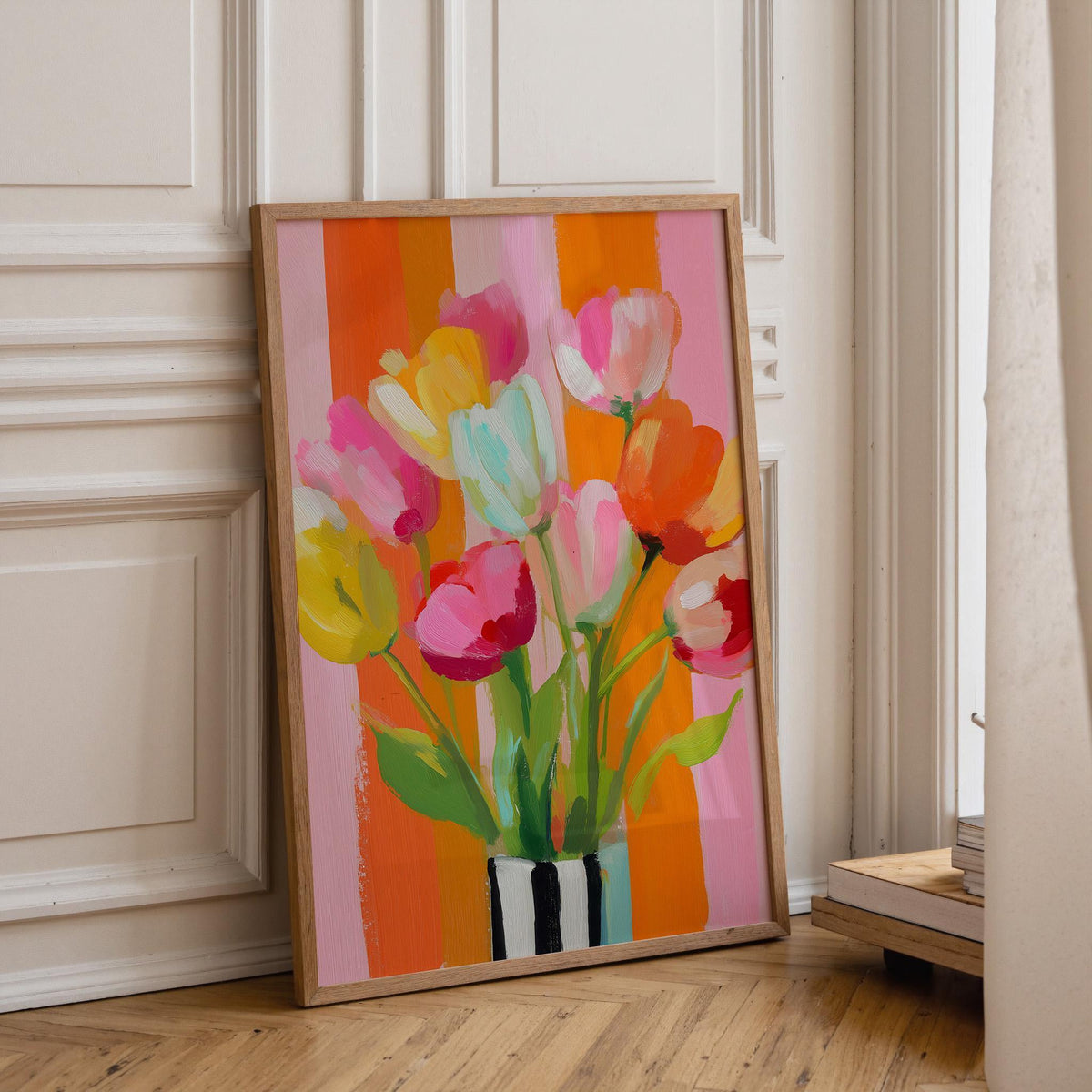 Colorful Tulip Bouquet Pink & Orange Floral Bright Abstract Wall Art by The Wall Art Studio - physical