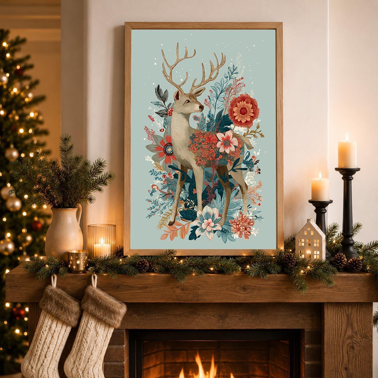 Floral Deer Christmas Woodland Rustic Winter Wall Art by The Wall Art Studio