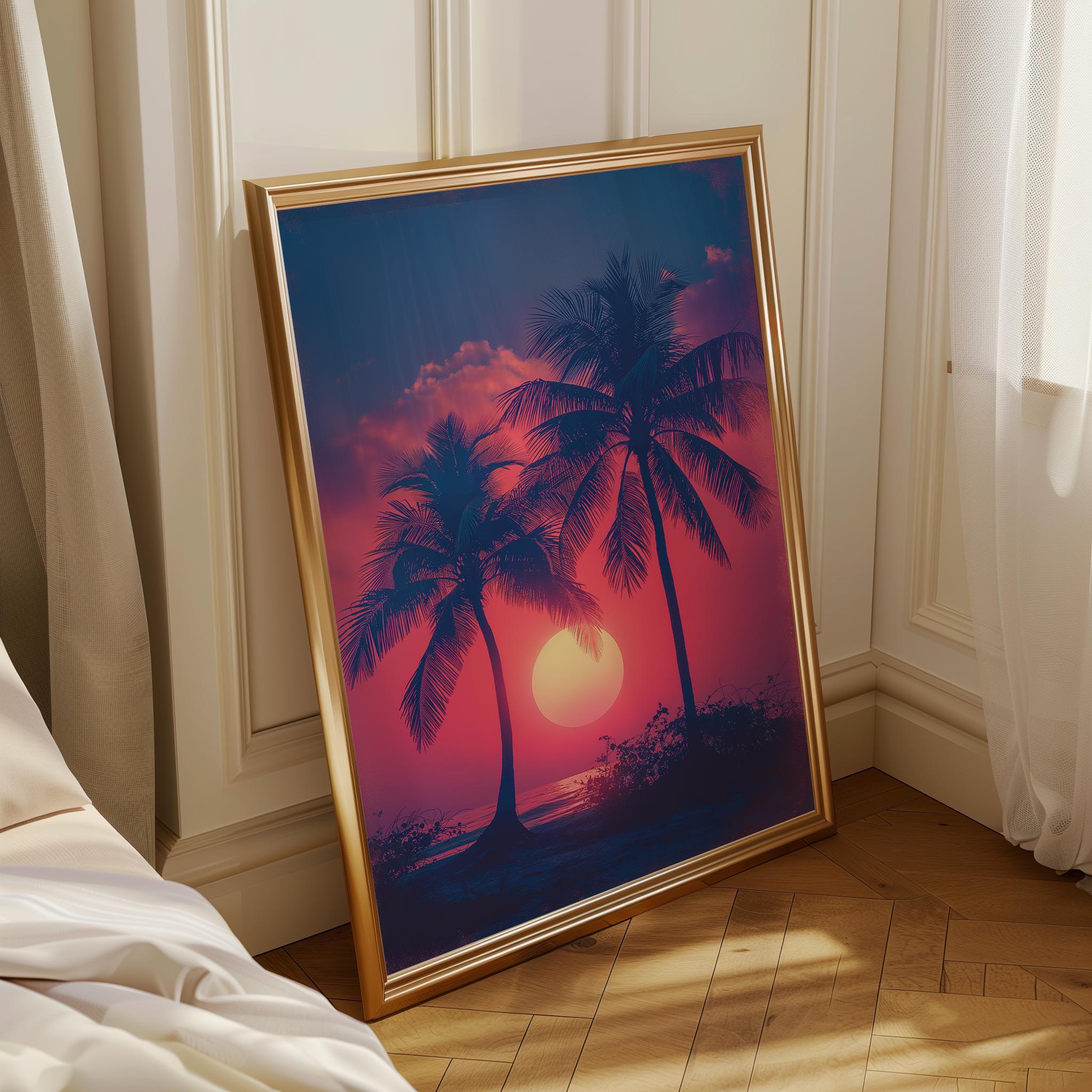 1980s Miami Sunset Retro Synthwave Palm Tree Wall Art by The Wall Art Studio