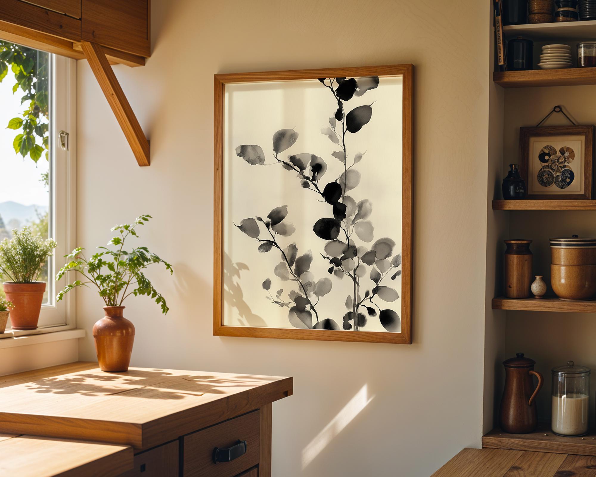 Minimalist Botanical Black Ink Floral Japandi Botanical Wall Art