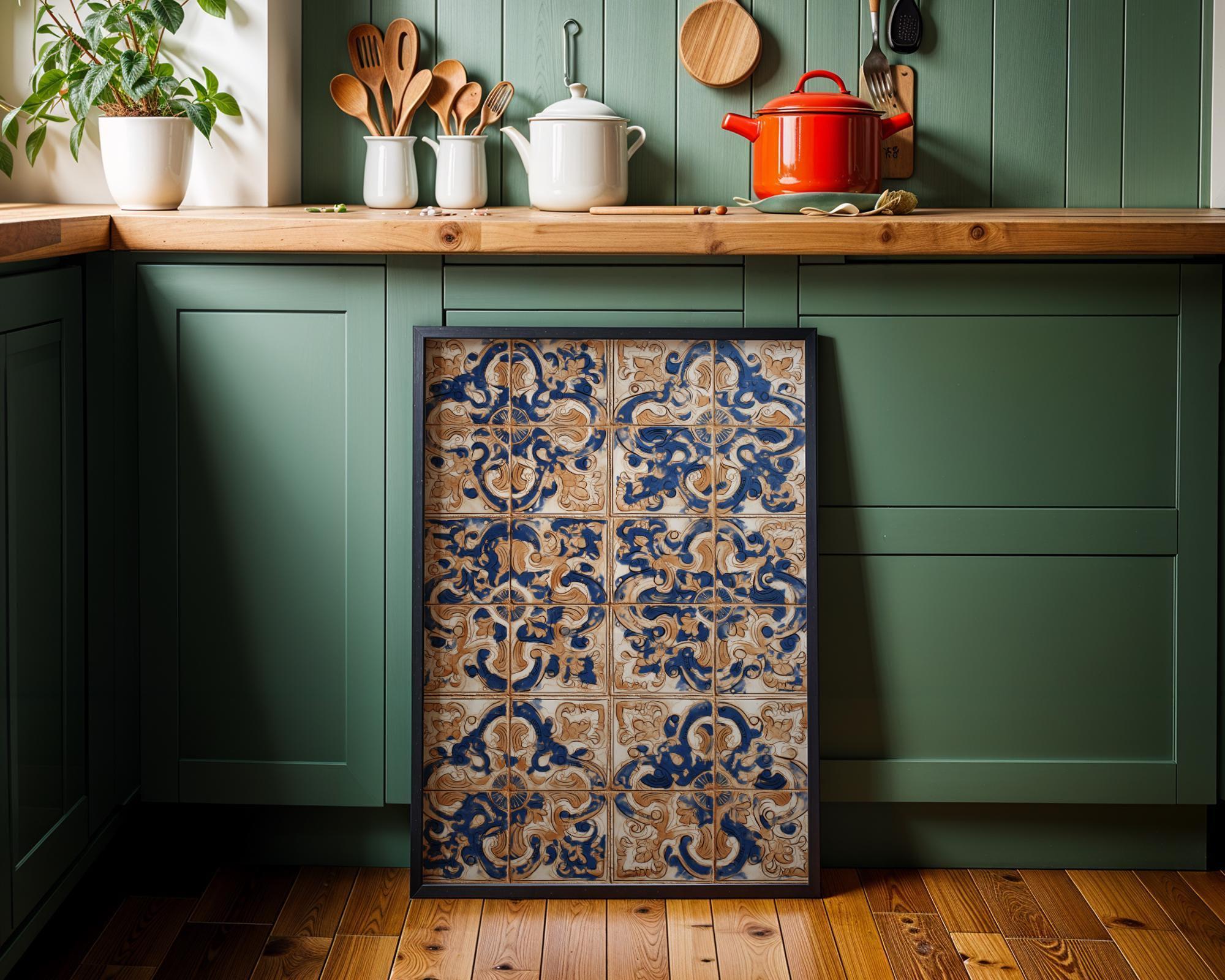 Spanish Tile Pattern Wall Art Mediterranean Azulejos Blue & Terracotta Ceramic Style Wall Art