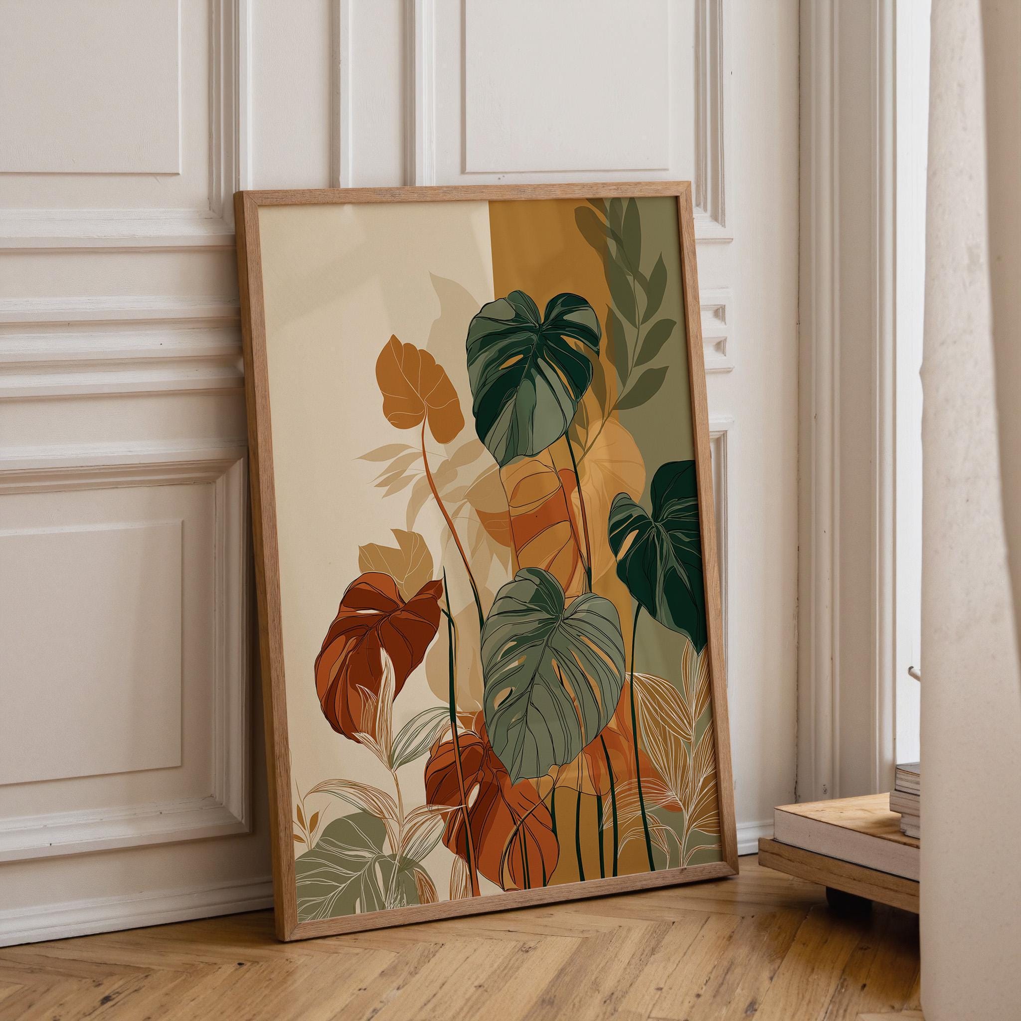 Boho Monstera Leaf Mid Century Modern Plant Japandi Wall Art