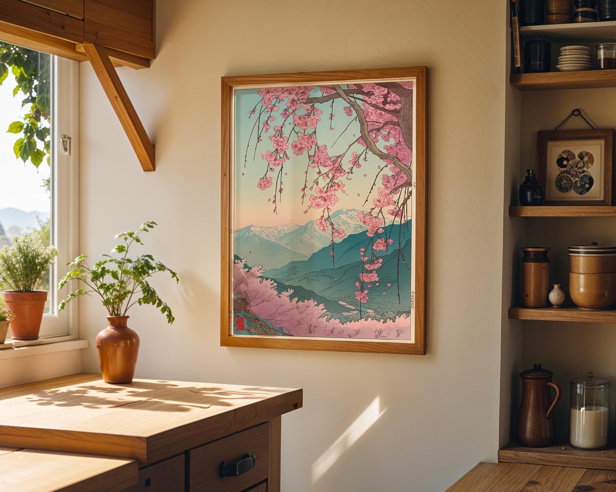 Japanese Cherry Blossom Sakura Tree Pink Floral Mountain Wall Art by The Wall Art Studio