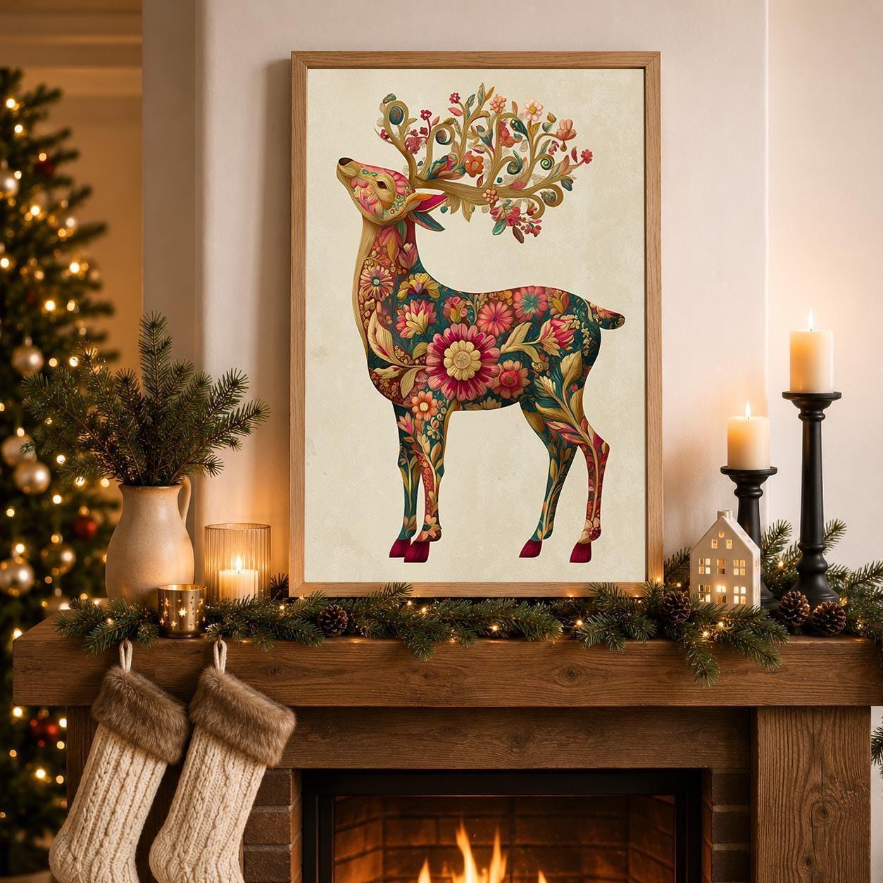 Floral Reindeer Christmas Scandinavian Botanical Wall Art by The Wall Art Studio