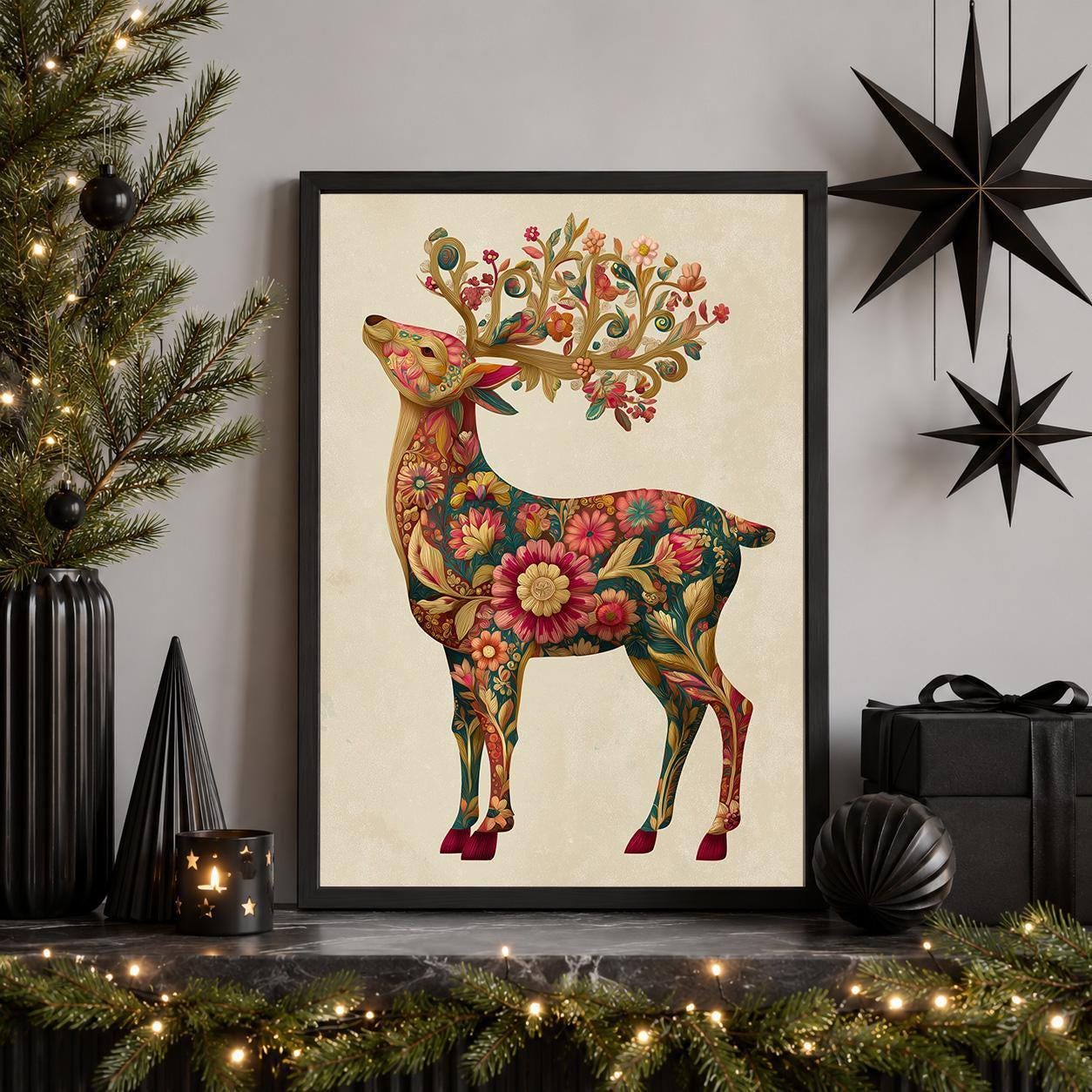 Floral Reindeer Christmas Scandinavian Botanical Wall Art by The Wall Art Studio