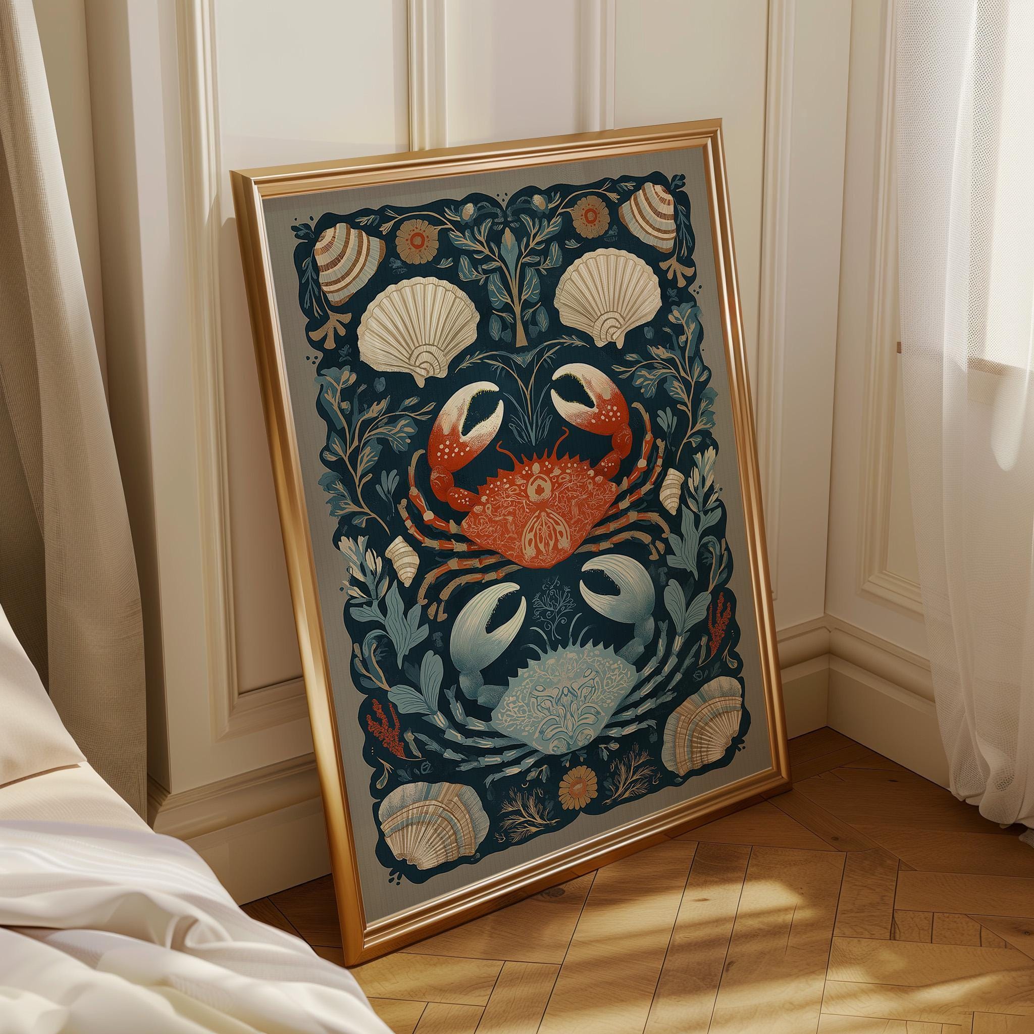 Coastal Crab Nautical Folk Beach House Shell and Sea Life Wall Art