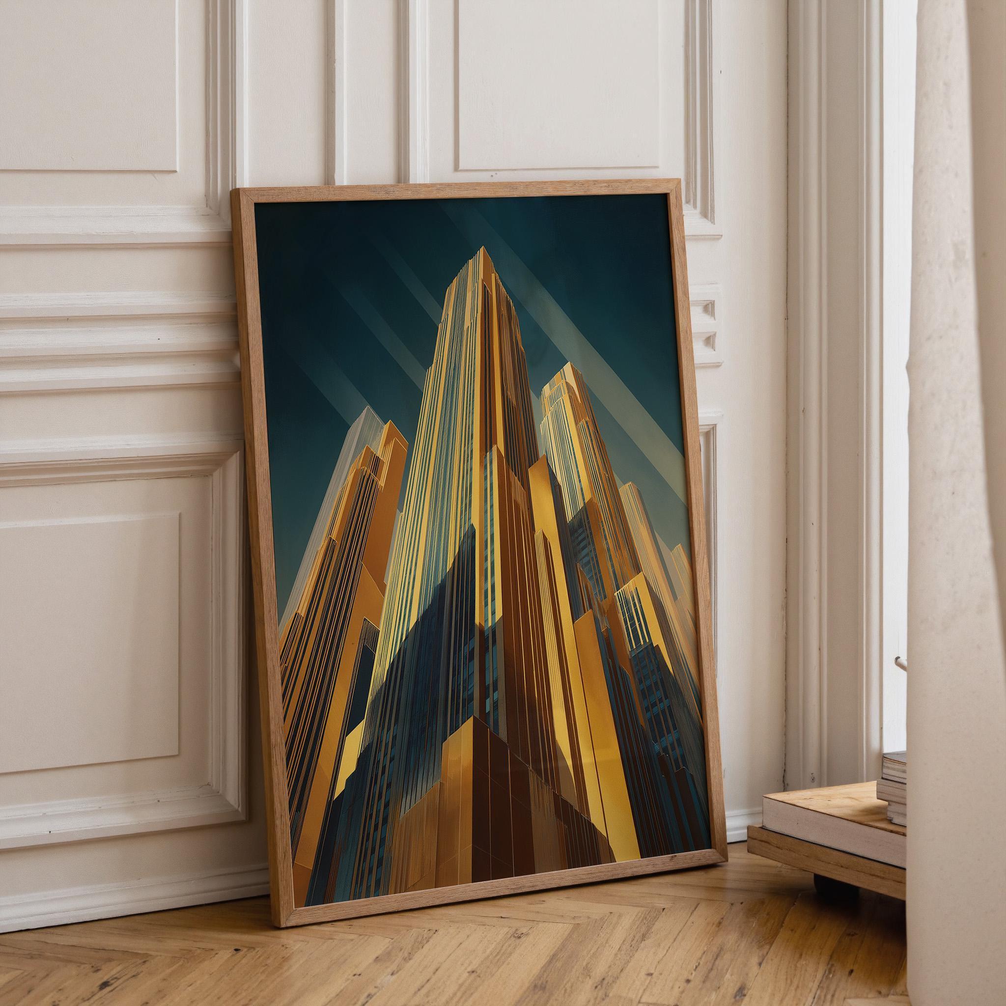 Art Deco Skyscraper Geometric Cityscape Gold & Teal Architecture Wall Art by The Wall Art Studio - physical