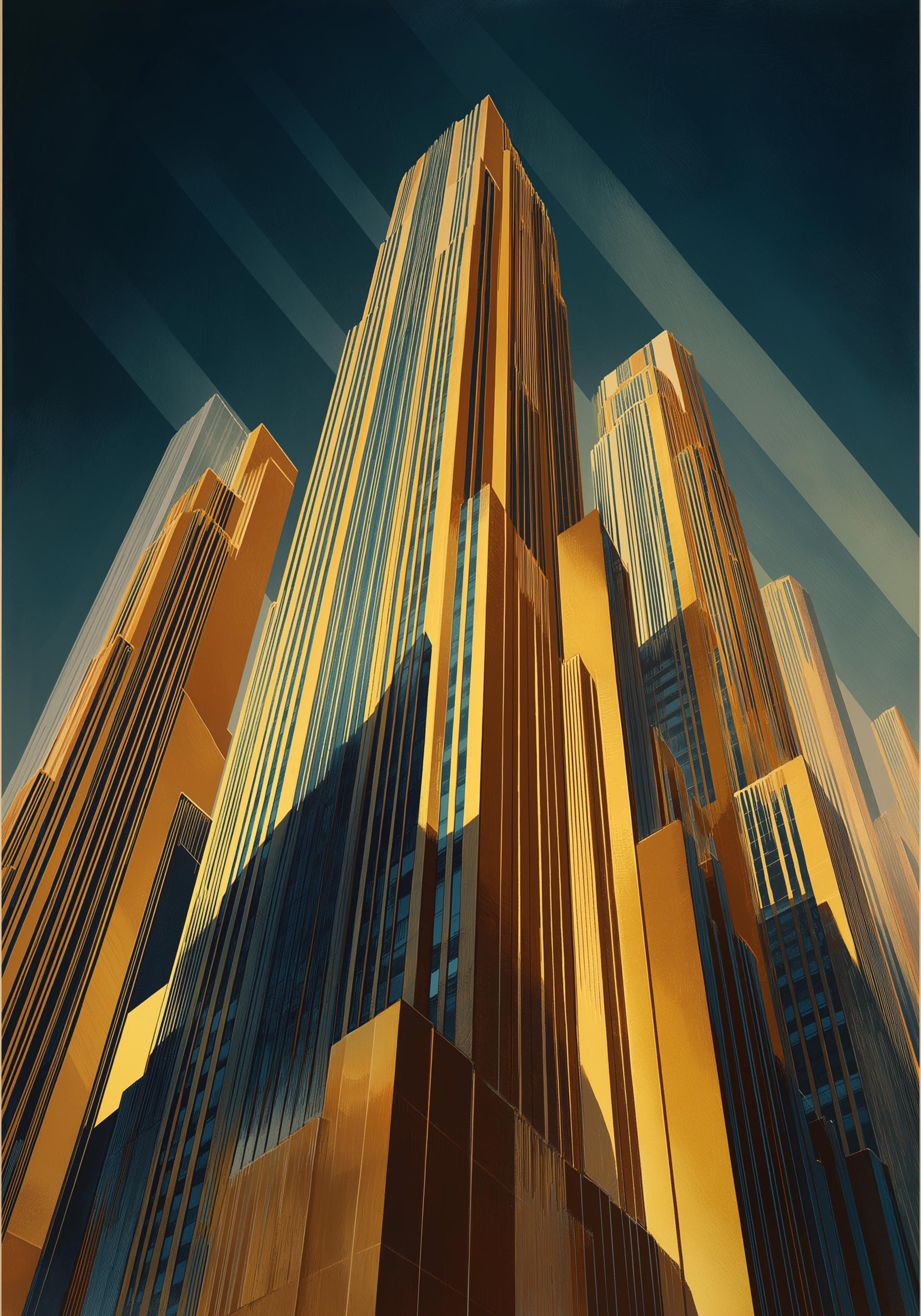 Art Deco Skyscraper Geometric Cityscape Gold & Teal Architecture Wall Art by The Wall Art Studio - physical