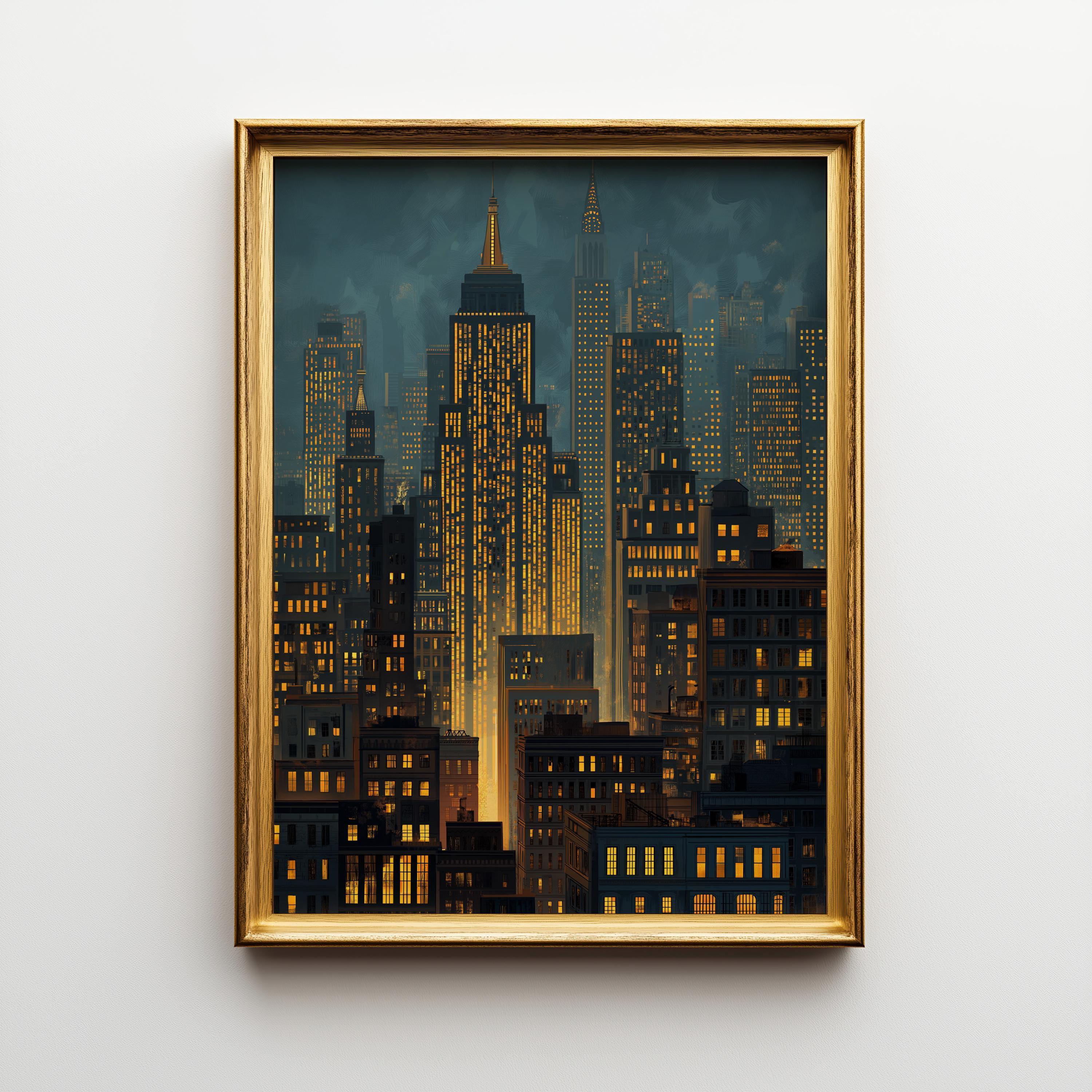 New York City Skyline Night Lights Modern Cityscape Wall Art