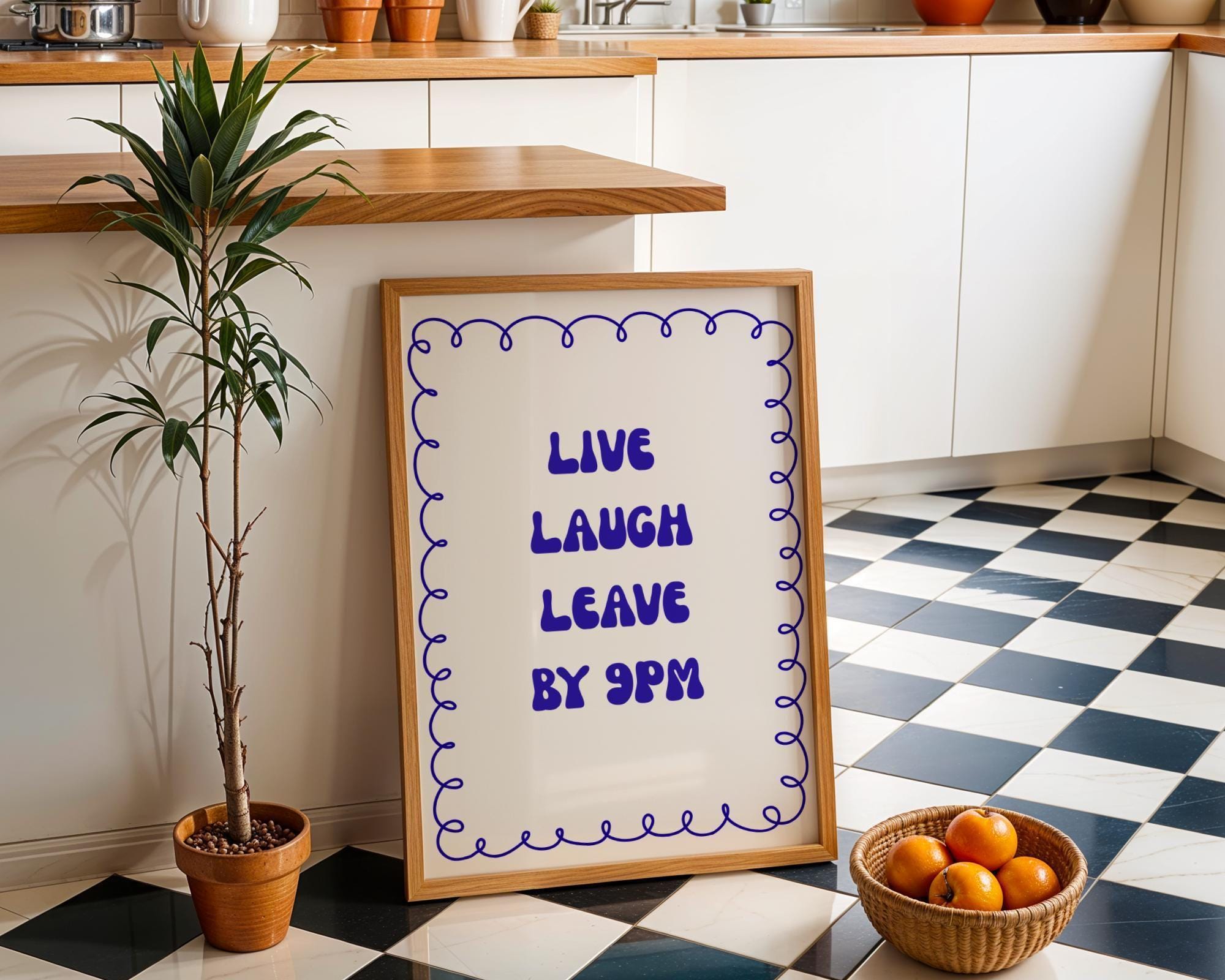 Funny Quote “Live Laugh Leave by 9PM” Minimalist Blue Wall Art by The Wall Art Studio - physical