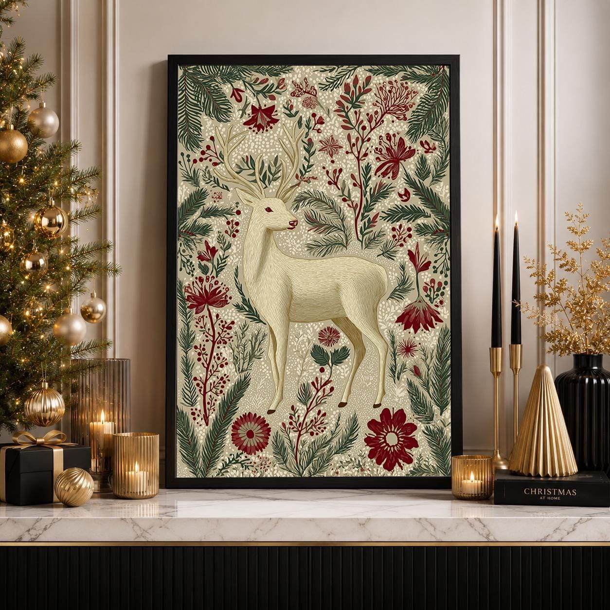 Scandinavian Reindeer Nordic Folk Floral Christmas Wall Art by The Wall Art Studio