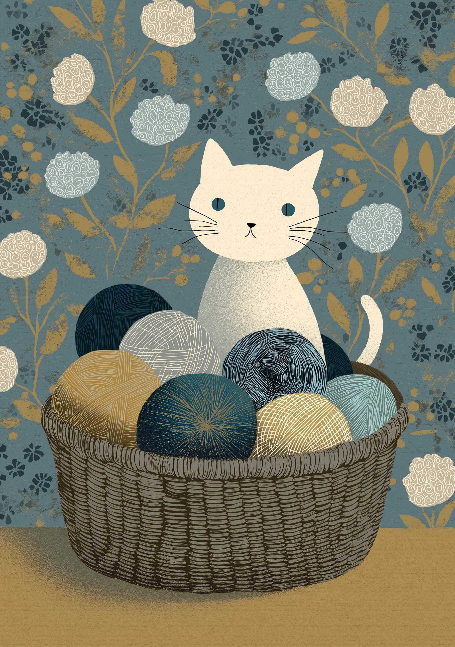 Cat Yarn Basket Knitting Cat Cozy Nursery Wall Art by The Wall Art Studio