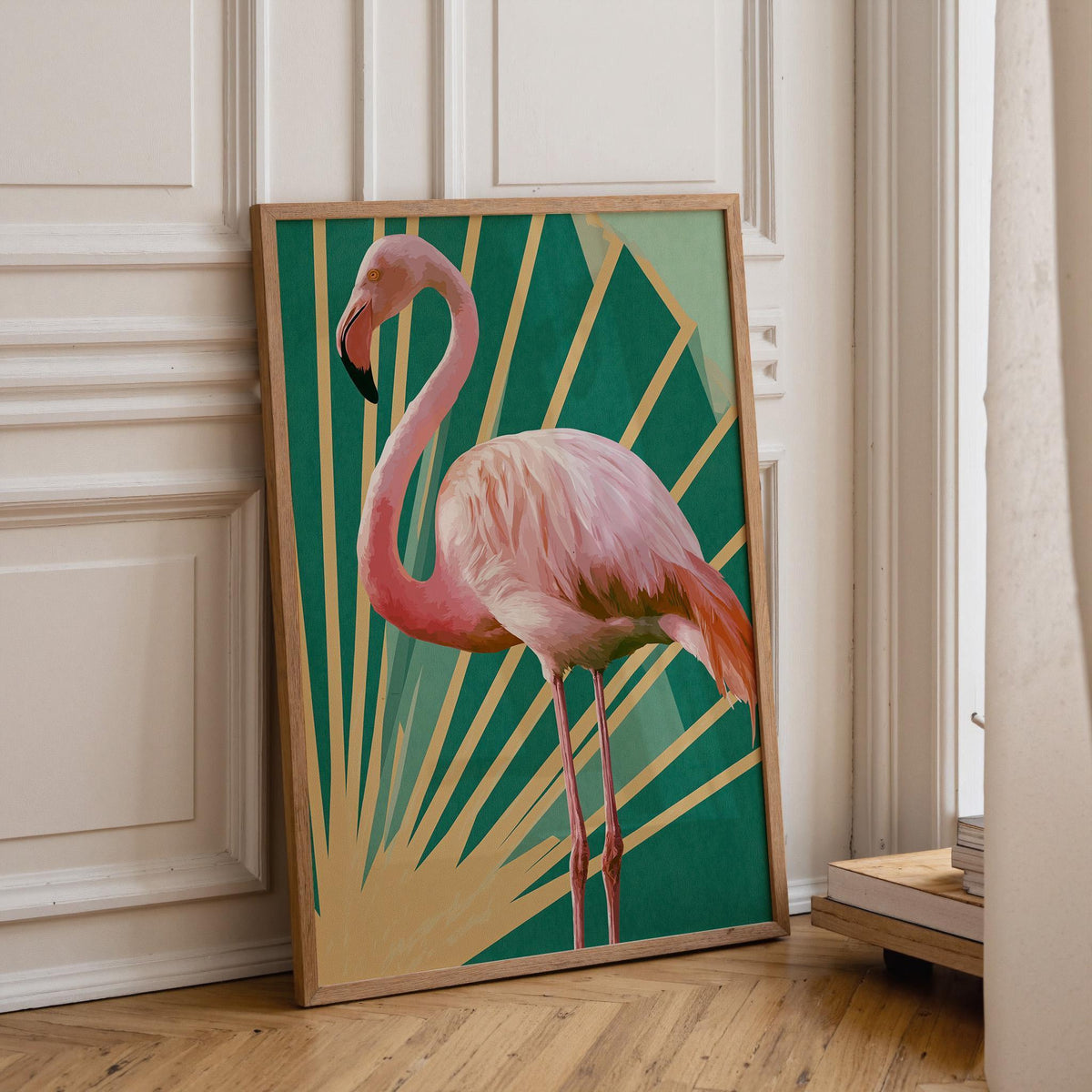 Art Deco Pink Emerald Green Gold Flamingo Wall Art by The Wall Art Studio
