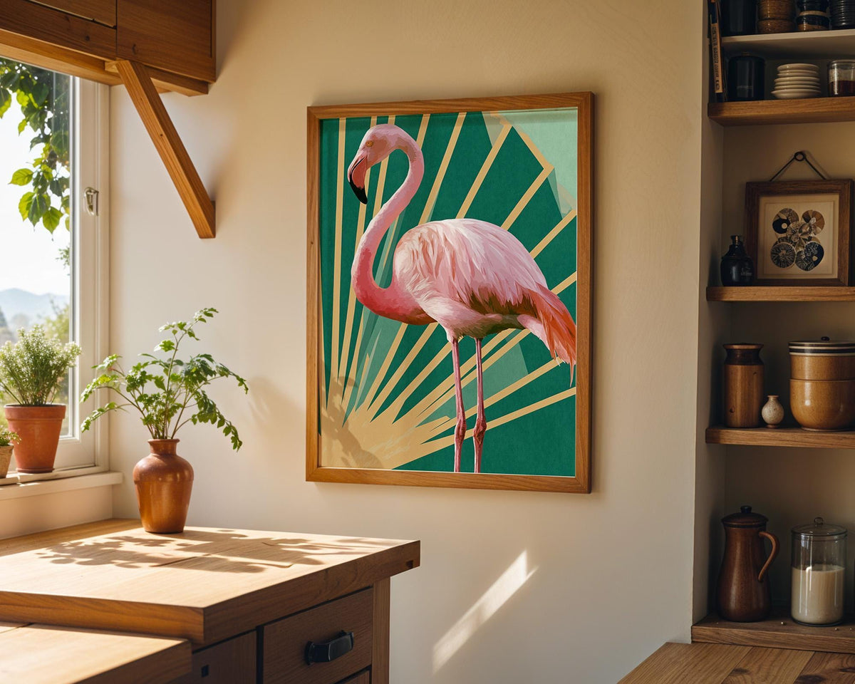 Art Deco Pink Emerald Green Gold Flamingo Wall Art by The Wall Art Studio