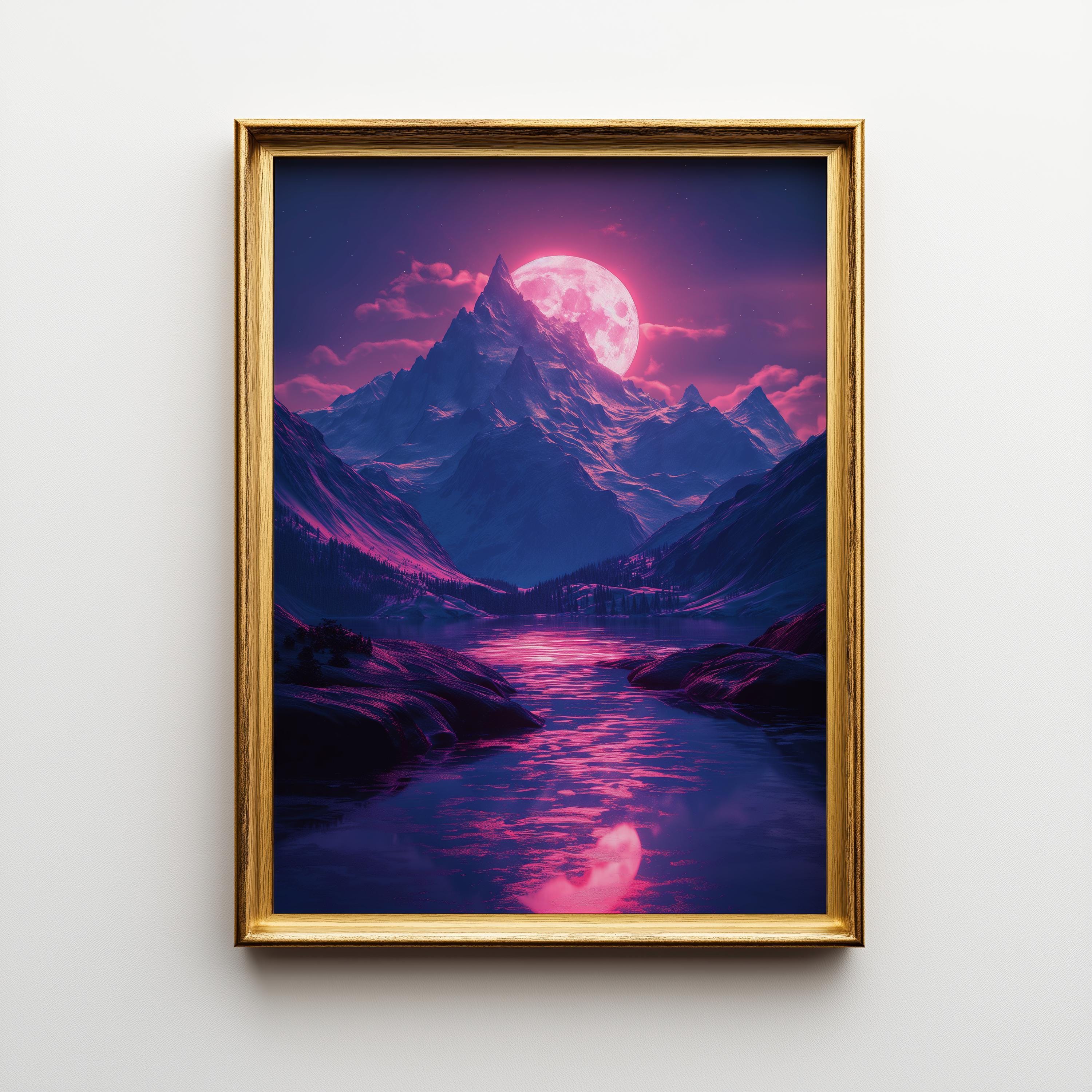 1980s Synthwave Mountain Retro Neon Moon Landscape Wall Art by The Wall Art Studio