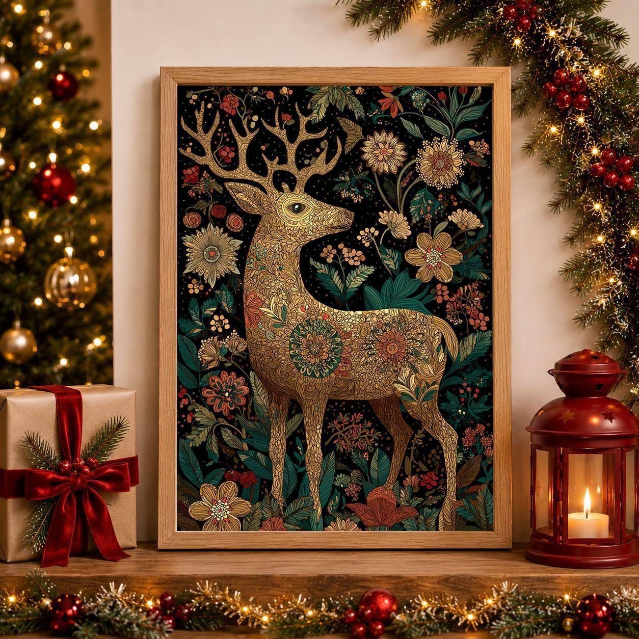Scandinavian Christmas Nordic Folk Reindeer Wall Art by The Wall Art Studio