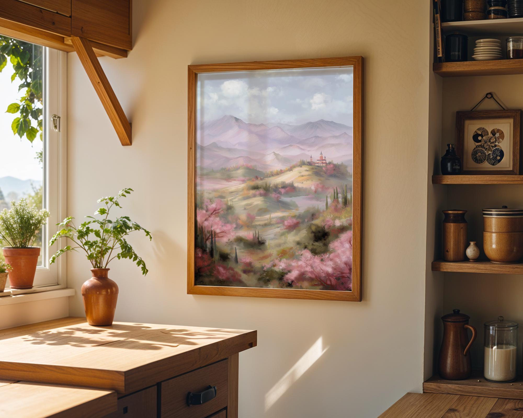 Chinoiserie Landscape Pastel Mountain Scenery Pagoda Wall Art by The Wall Art Studio - physical