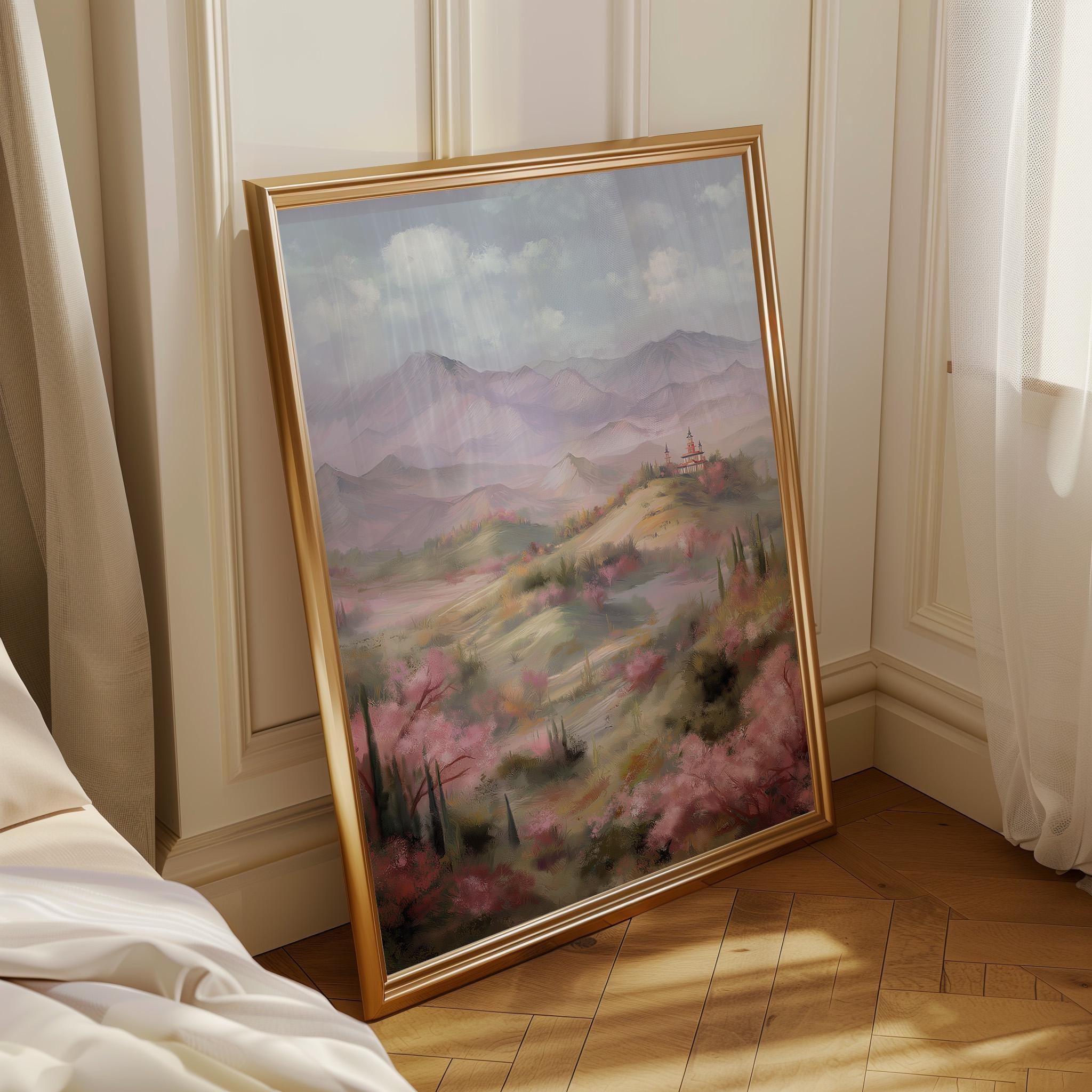 Chinoiserie Landscape Pastel Mountain Scenery Pagoda Wall Art by The Wall Art Studio - physical