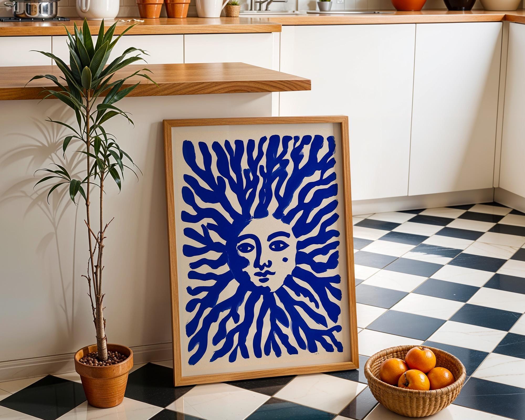Blue Sun Face Mediterranean Coastal Celestial Wall Art by The Wall Art Studio