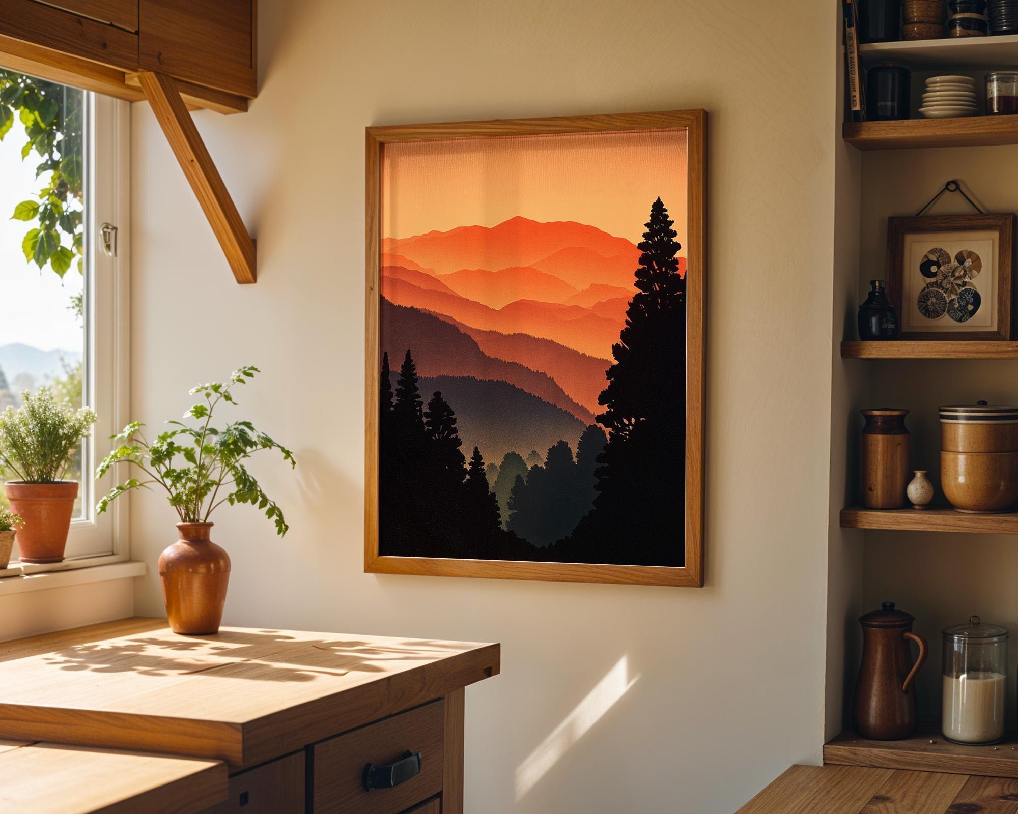 Sunset Japanese Mountain Warm Orange Landscape Forest Wall Art by The Wall Art Studio